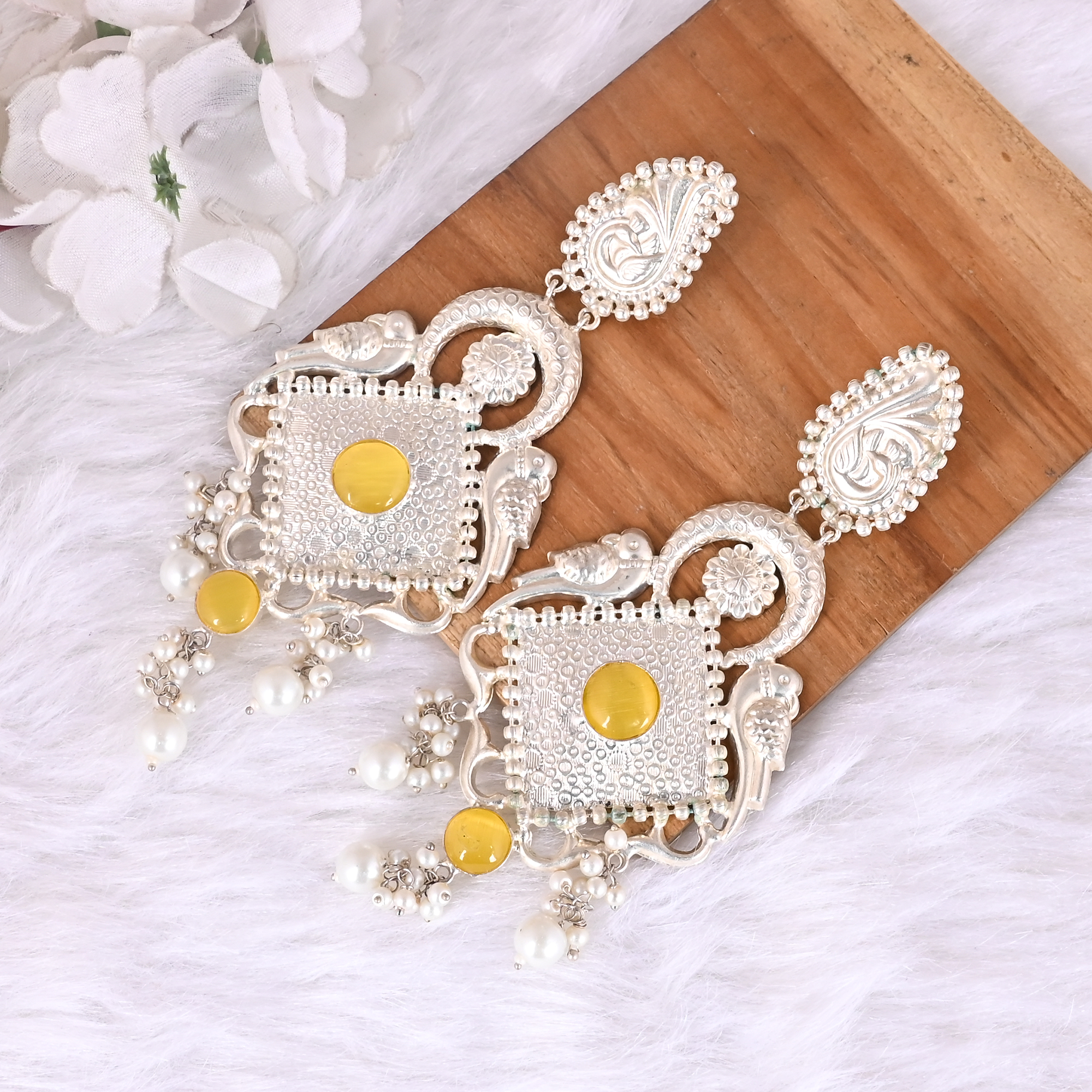 Yellow Cats Eye Pearl Ethnic Drop Earrings Silver Plated Brass Traditional Indian Jewelry