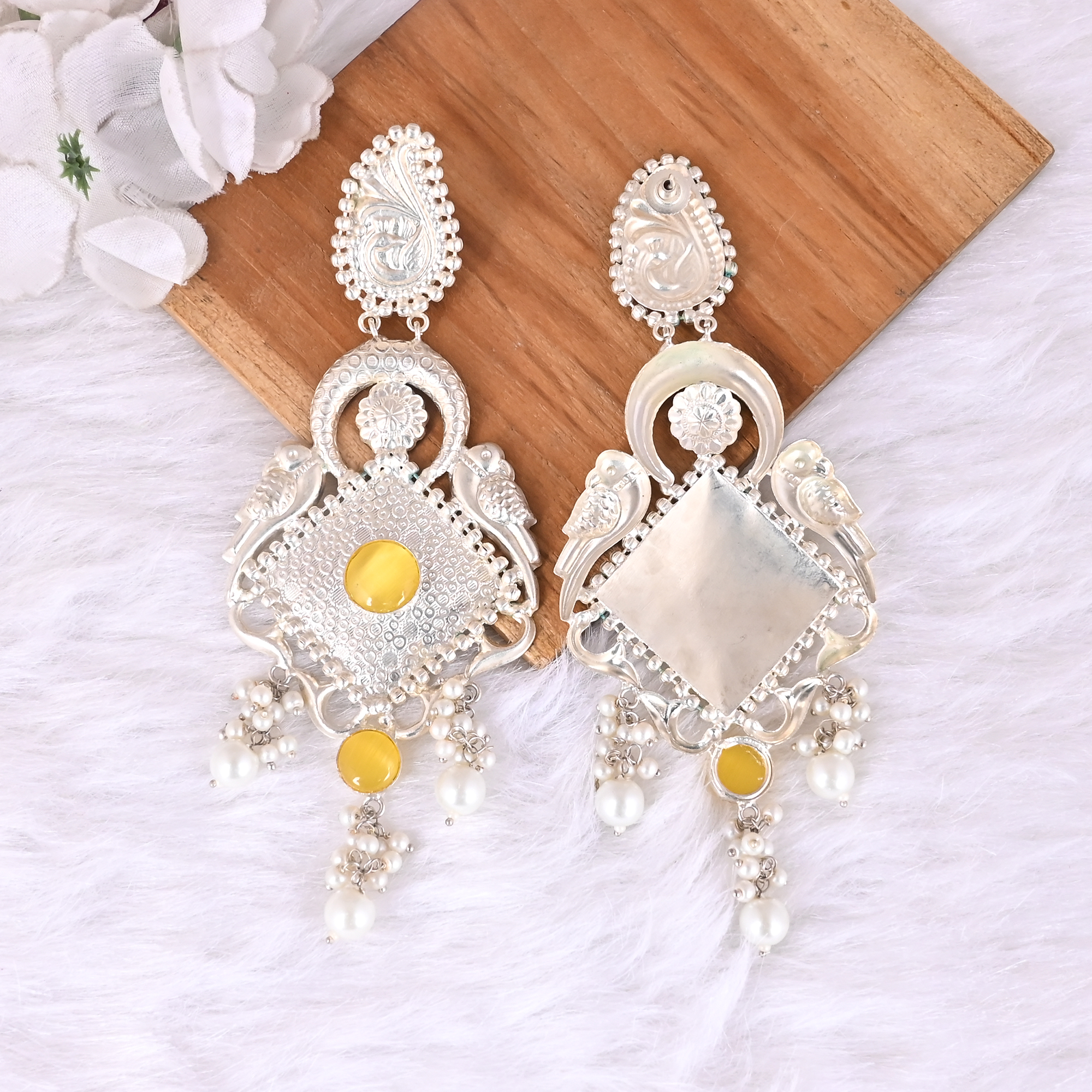 Yellow Cats Eye  Pearl Ethnic Drop Earrings  Silver Plated Brass Traditional Indian Jewelry