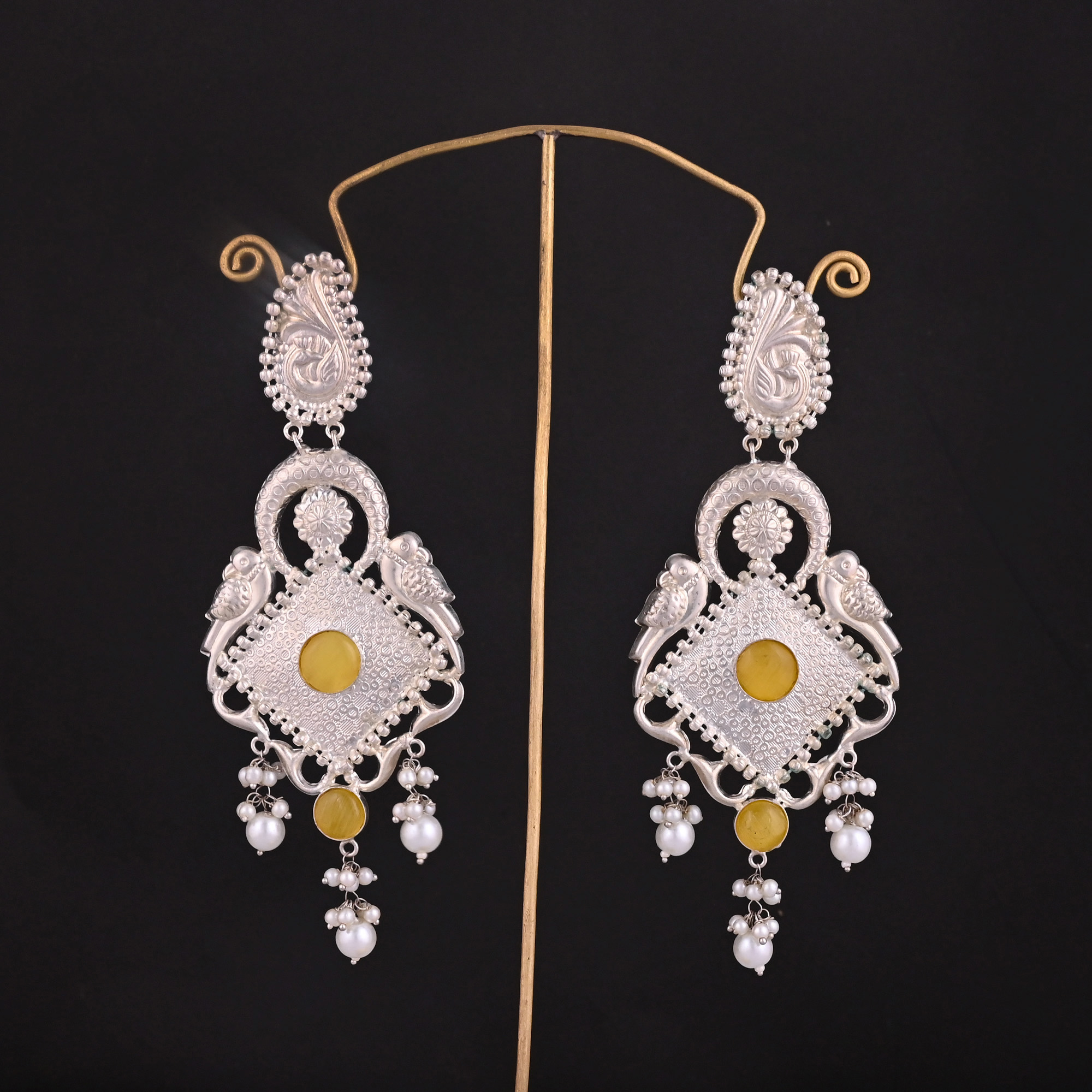 Yellow Cats Eye  Pearl Ethnic Drop Earrings  Silver Plated Brass Traditional Indian Jewelry