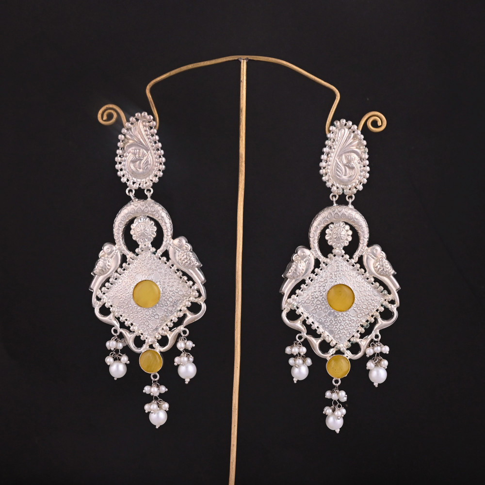 Image of Yellow Cat’s Eye &amp; Pearl Ethnic Drop Earrings | Silver Plated Brass Traditional Indian Jewelry
