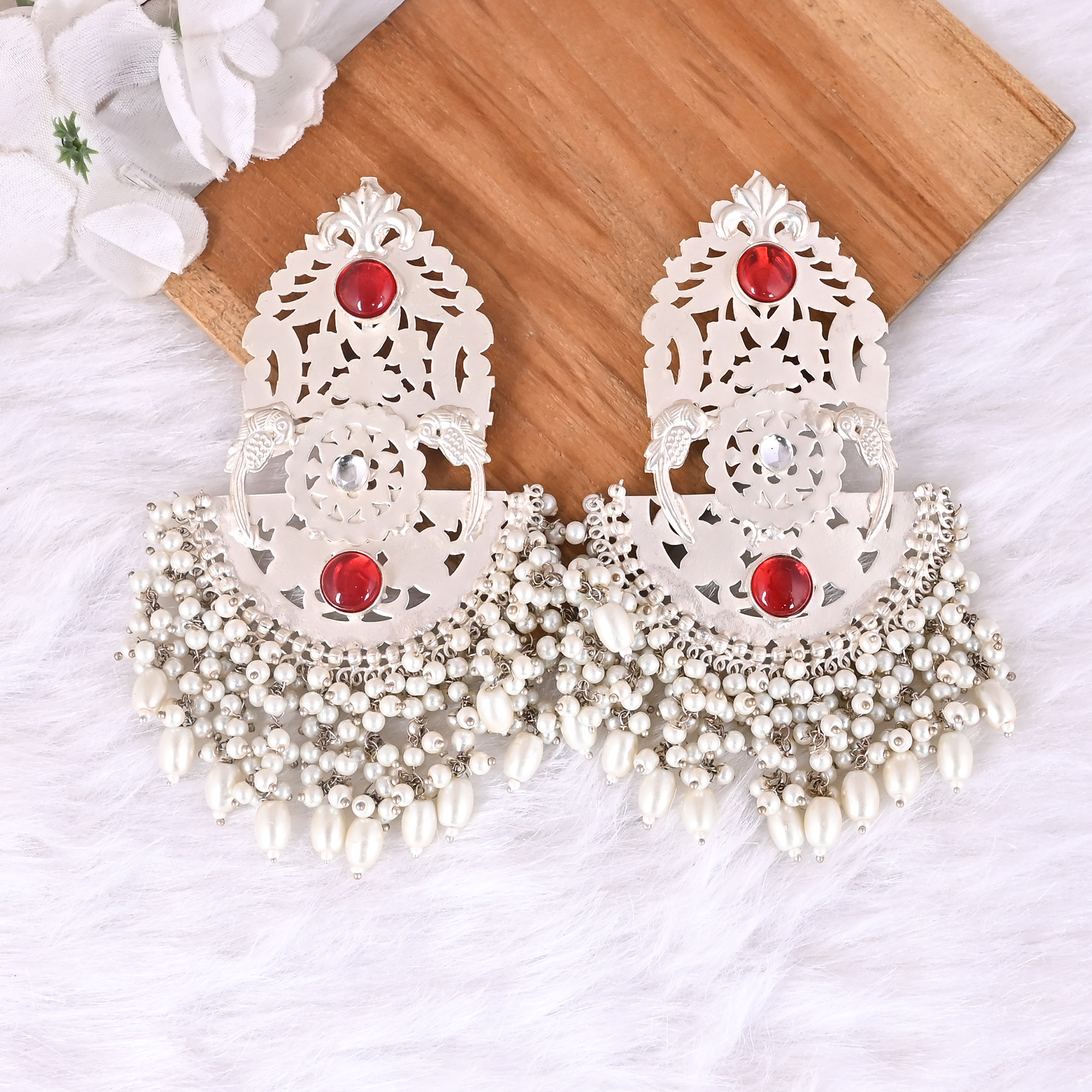Red Hydro Pearl Kundan Stone Ethnic Earrings Silver Plated Brass Traditional Indian Jewelry