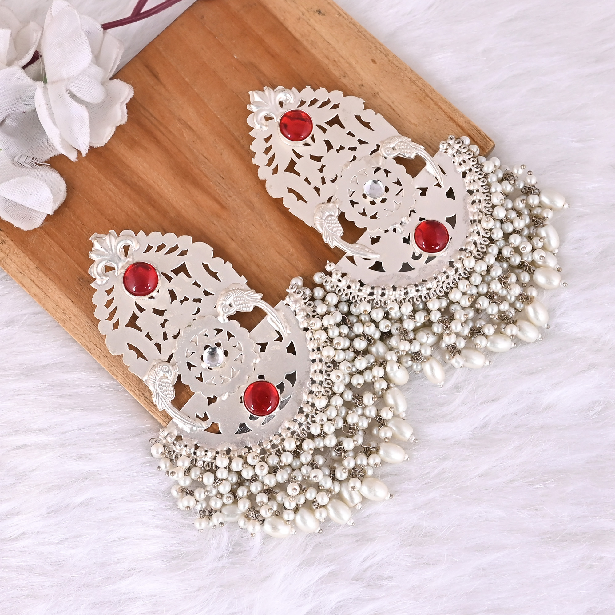 Red Hydro Pearl Kundan Stone Ethnic Earrings Silver Plated Brass Traditional Indian Jewelry