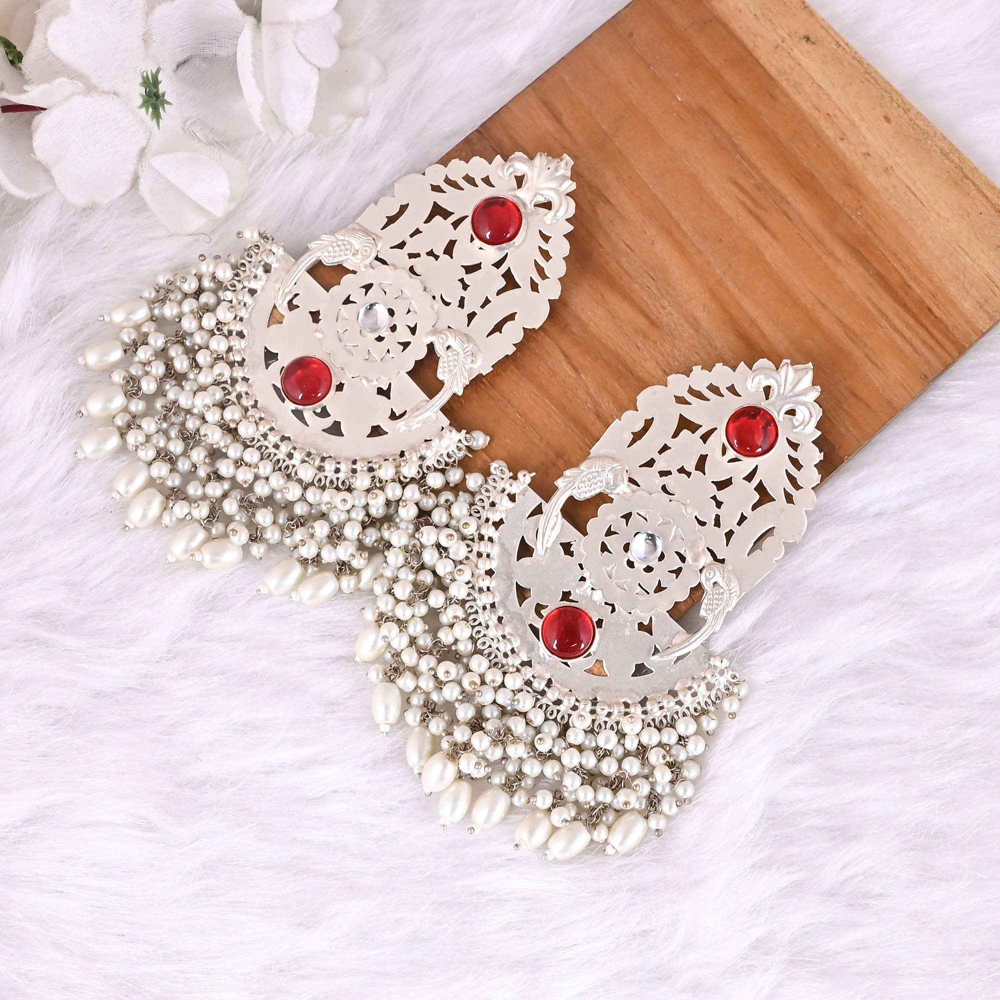 Red Hydro Pearl Kundan Stone Ethnic Earrings Silver Plated Brass Traditional Indian Jewelry