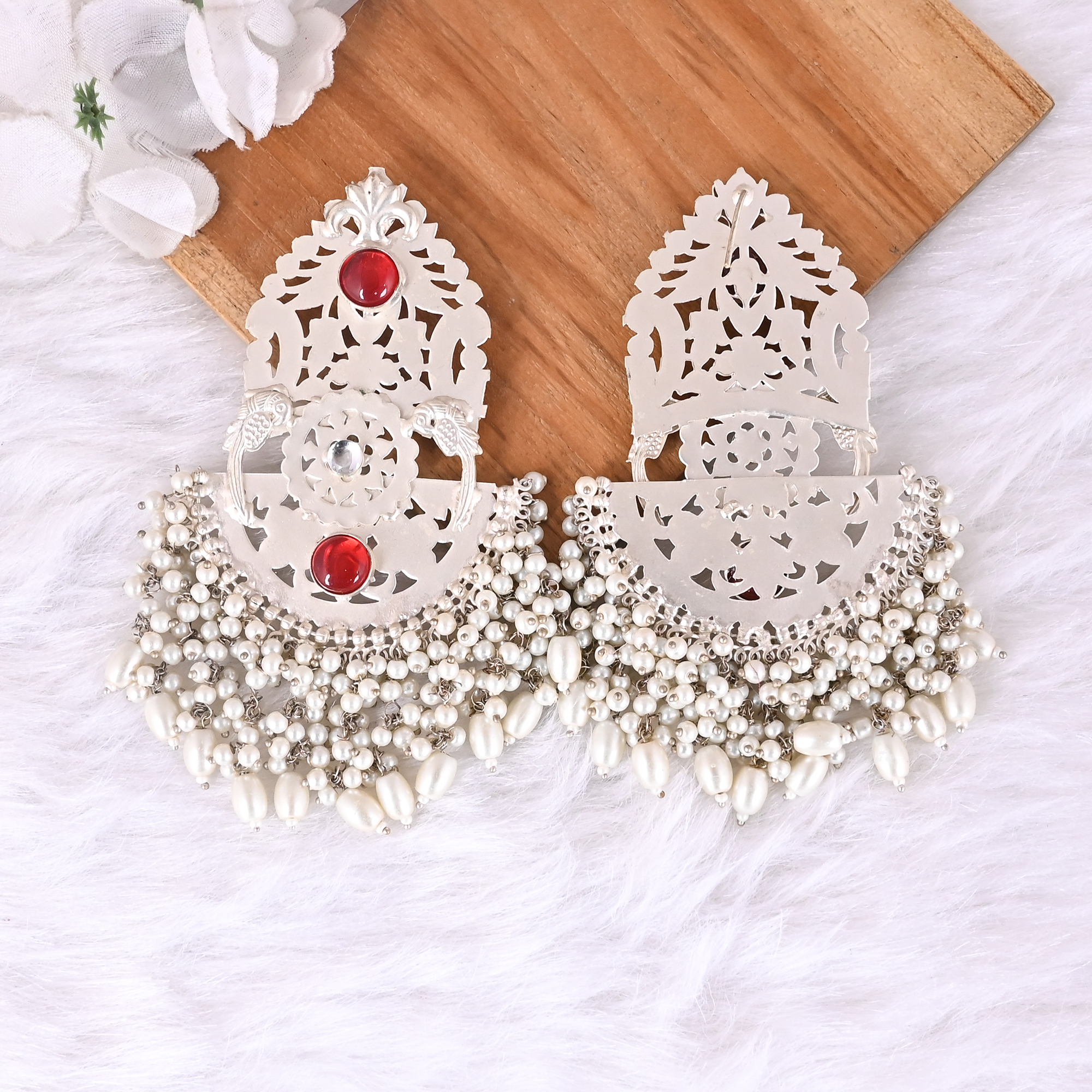 Red Hydro Pearl Kundan Stone Ethnic Earrings Silver Plated Brass Traditional Indian Jewelry