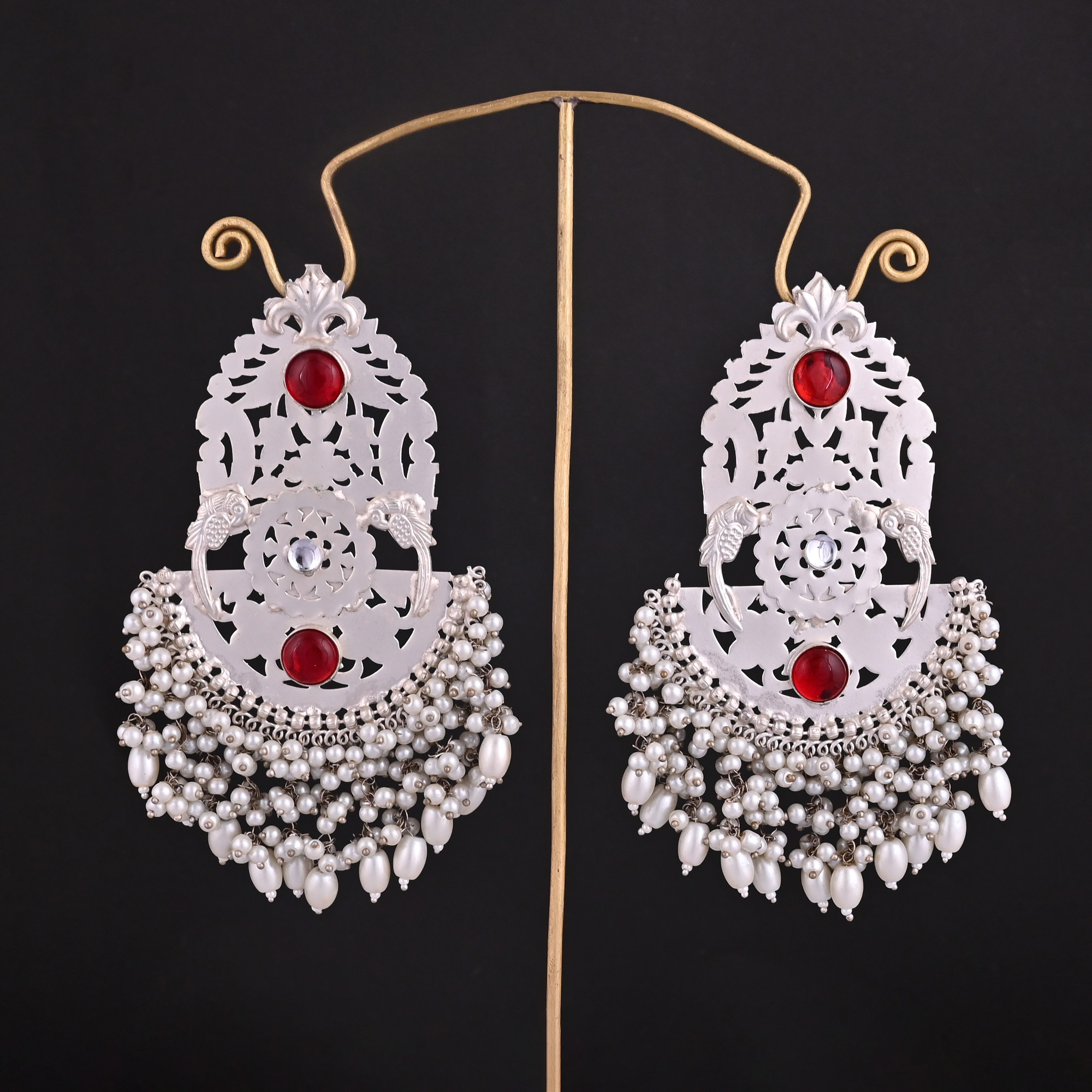 Red Hydro  Pearl  Kundan Stone Ethnic Earrings  Silver Plated Brass Traditional Indian Jewelry