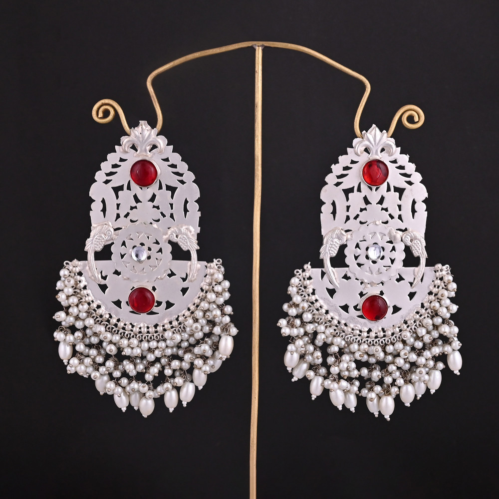 Image of Red Hydro &amp; Pearl &amp; Kundan Stone Ethnic Earrings | Silver Plated Brass Traditional Indian Jewelry