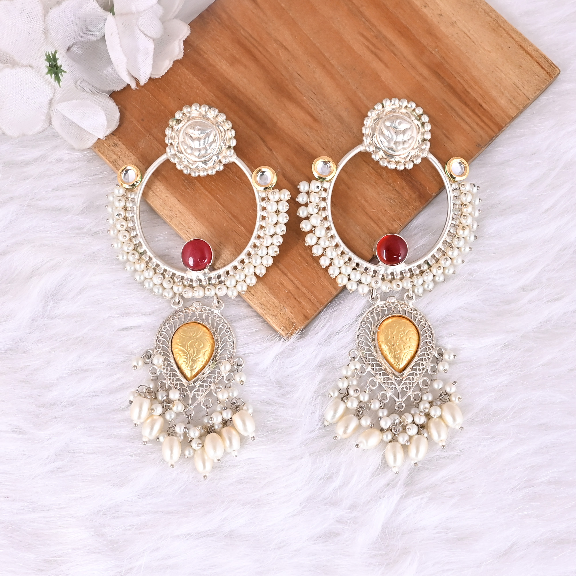 Red Hydro  Pearl  Kundan Stone Ethnic Earrings  Silver Plated Brass Traditional Indian Jewelry