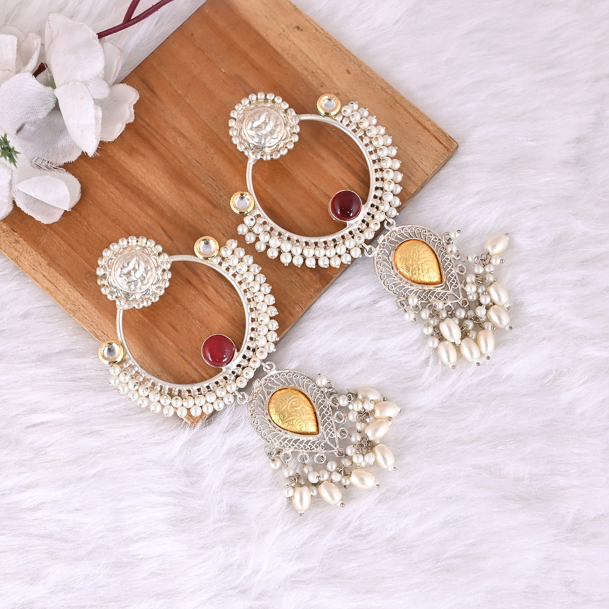 Red Hydro Pearl Kundan Stone Ethnic Earrings Silver Plated Brass Traditional Indian Jewelry