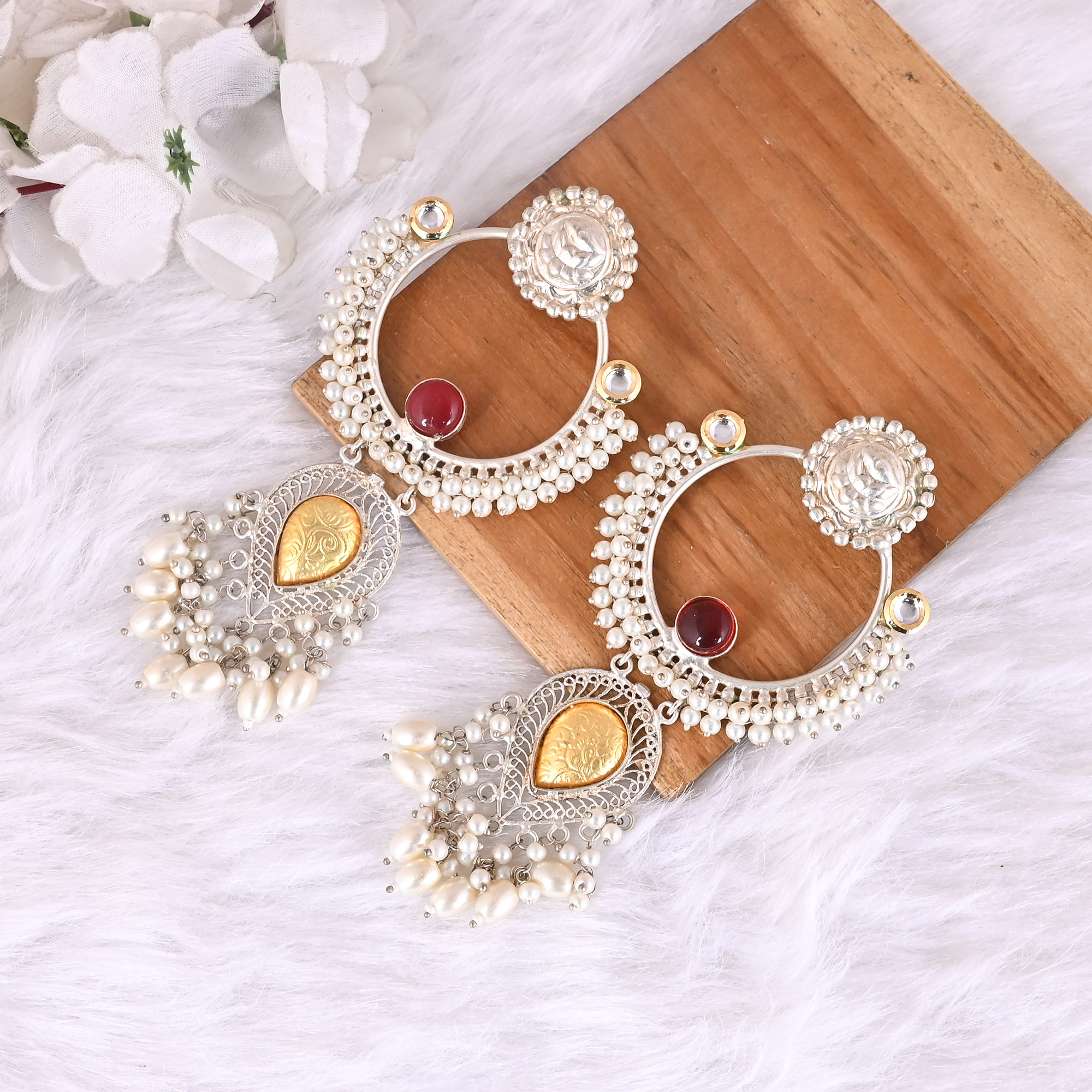 Red Hydro  Pearl  Kundan Stone Ethnic Earrings  Silver Plated Brass Traditional Indian Jewelry