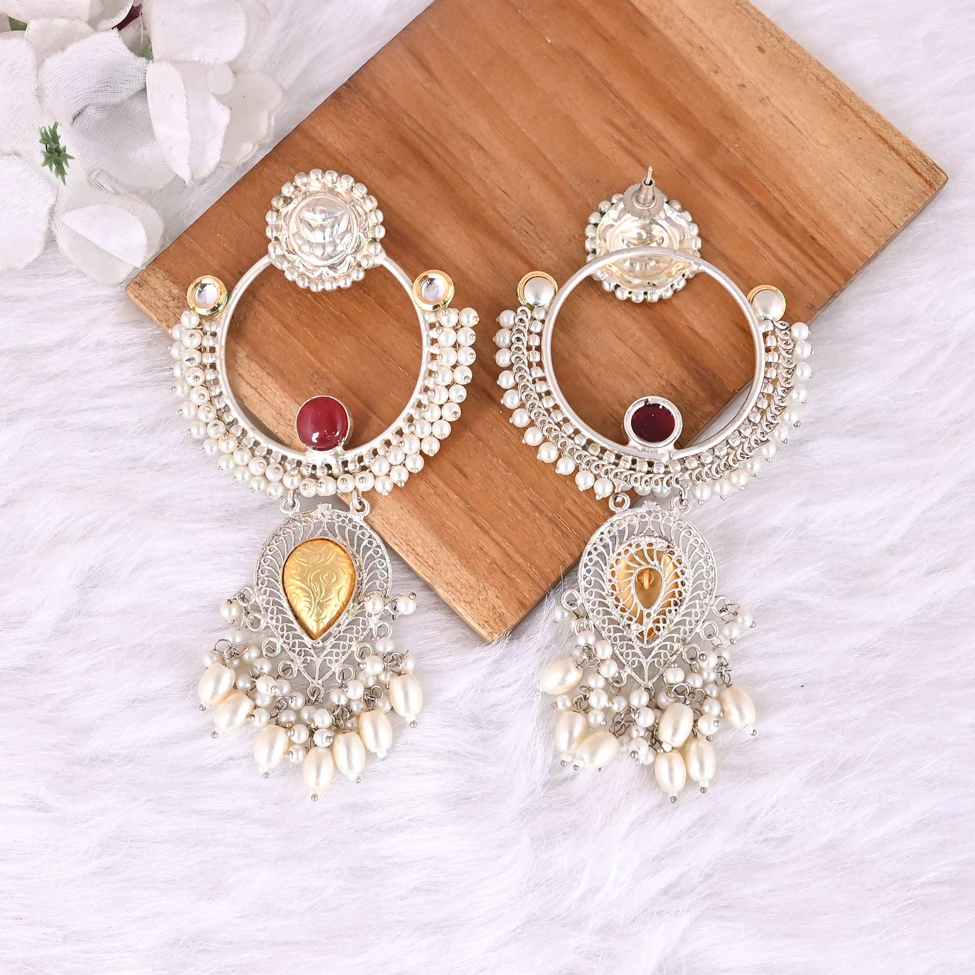 Red Hydro  Pearl  Kundan Stone Ethnic Earrings  Silver Plated Brass Traditional Indian Jewelry