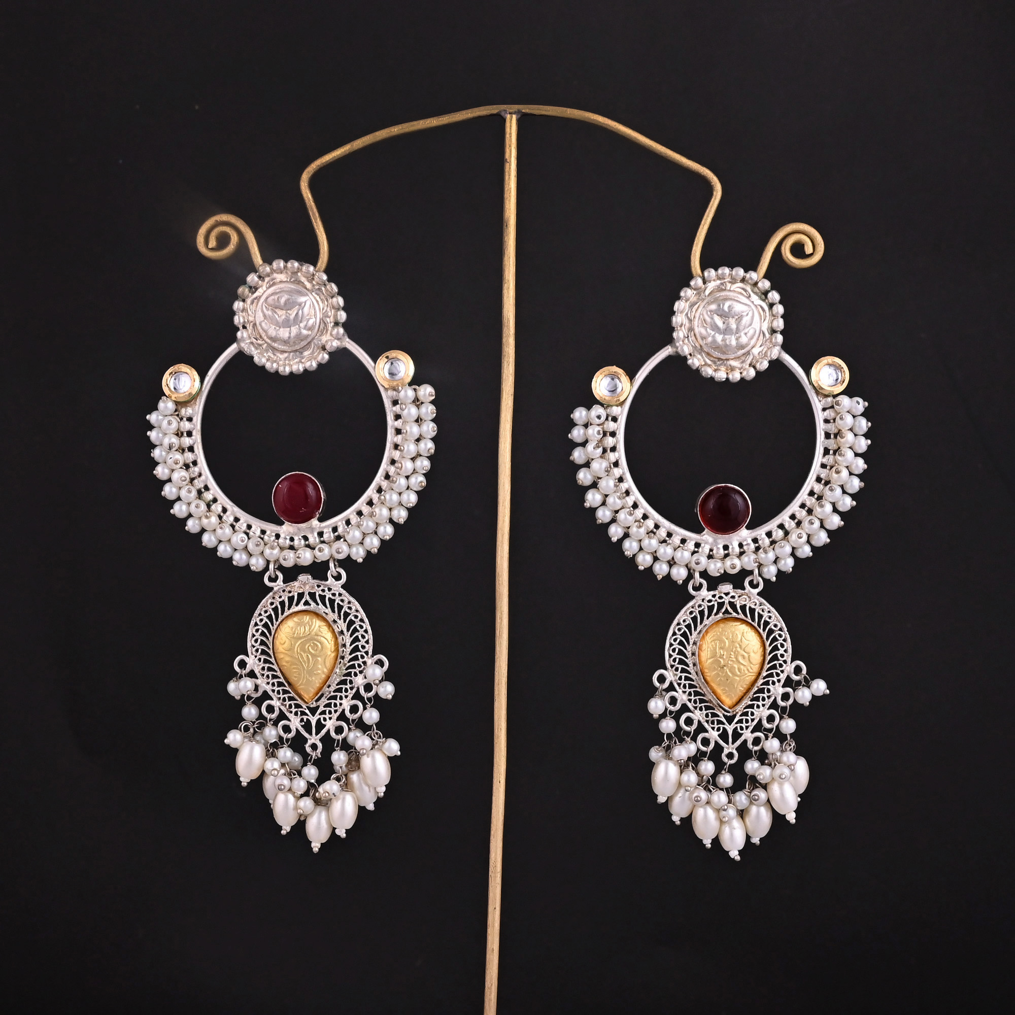 Red Hydro Pearl Kundan Stone Ethnic Earrings Silver Plated Brass Traditional Indian Jewelry