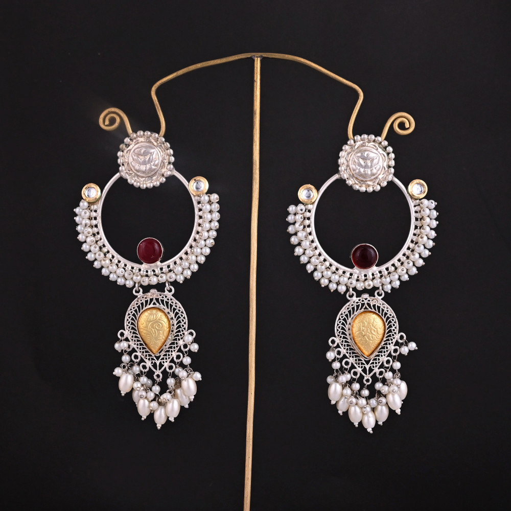 Image of Red Hydro &amp; Pearl &amp; Kundan Stone Ethnic Earrings | Silver Plated Brass Traditional Indian Jewelry