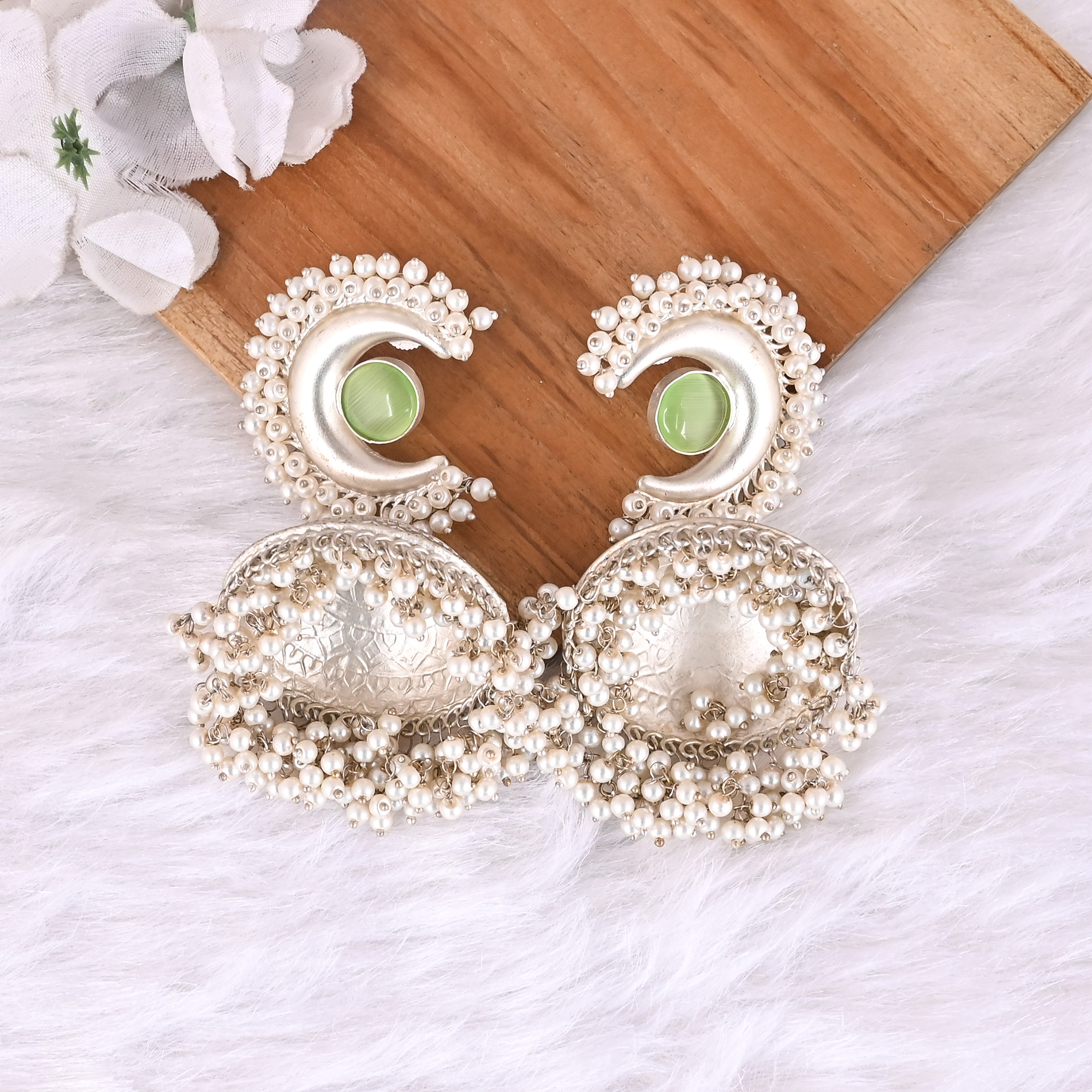 Green Cats Eye Pearl Jhumka Ethnic Earrings Silver Plated Brass Traditional Indian Jewelry