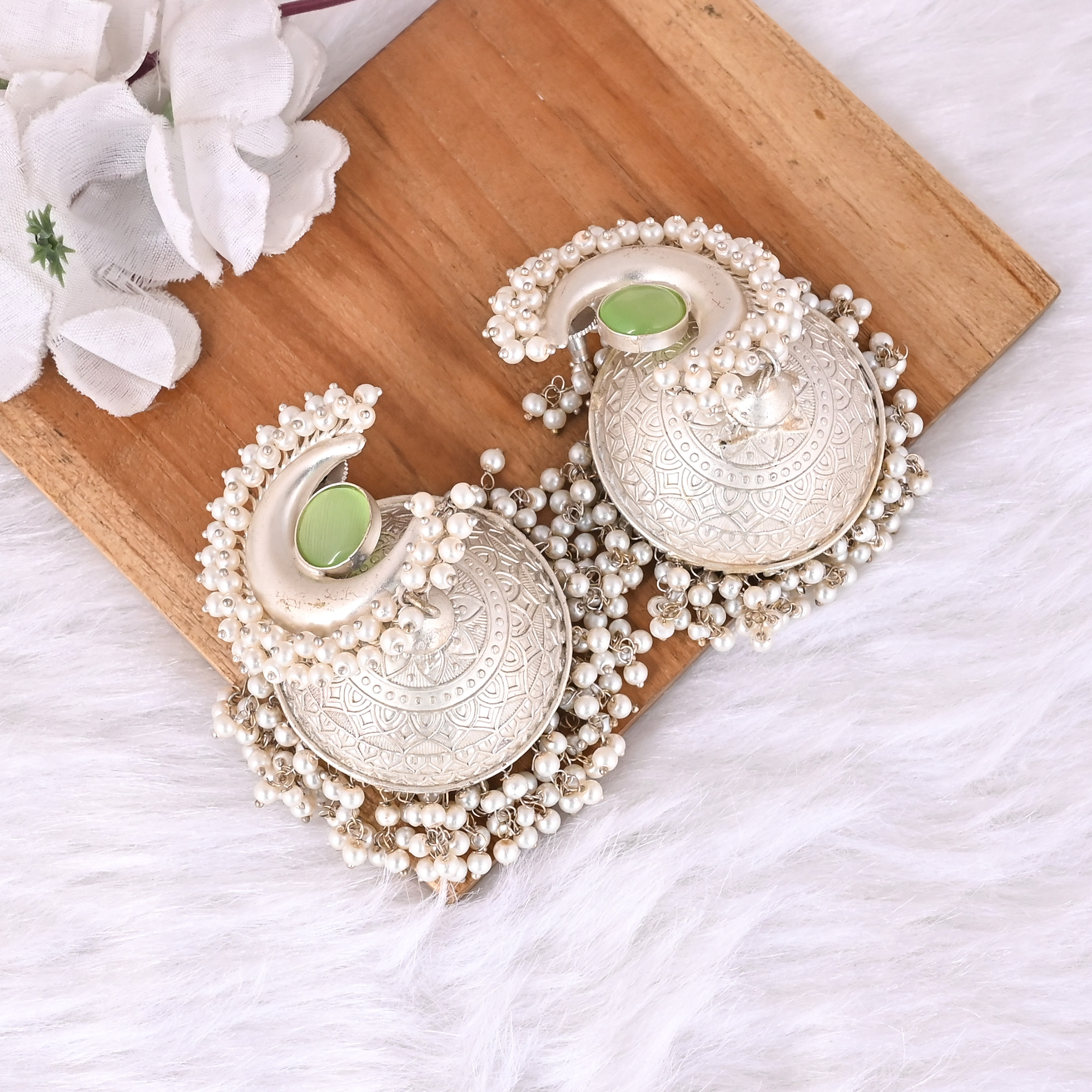 Green Cats Eye Pearl Jhumka Ethnic Earrings  Silver Plated Brass Traditional Indian Jewelry