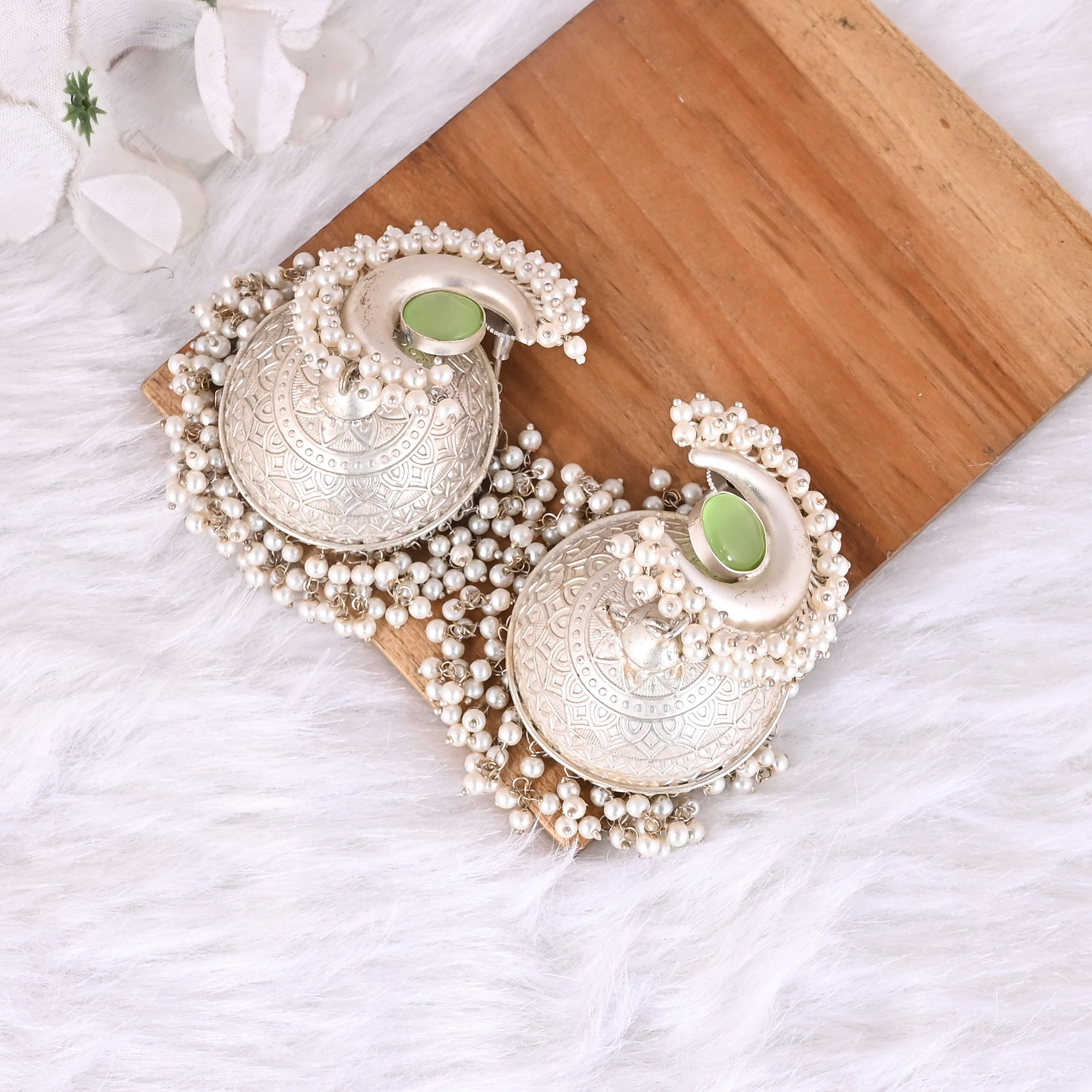 Green Cats Eye Pearl Jhumka Ethnic Earrings  Silver Plated Brass Traditional Indian Jewelry