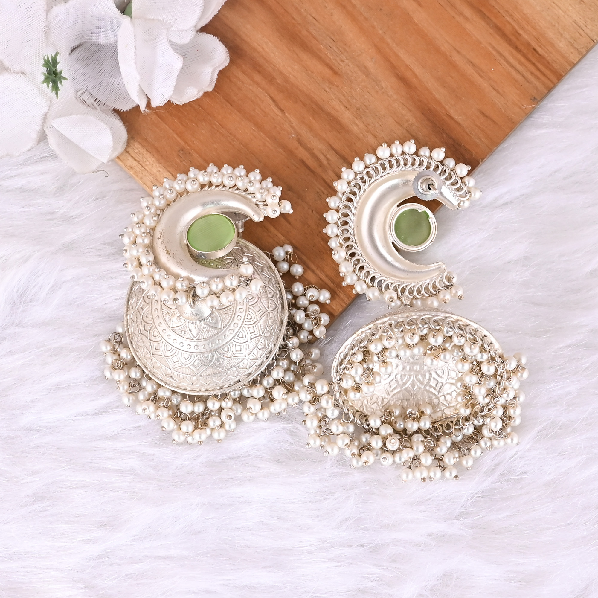 Green Cats Eye Pearl Jhumka Ethnic Earrings  Silver Plated Brass Traditional Indian Jewelry