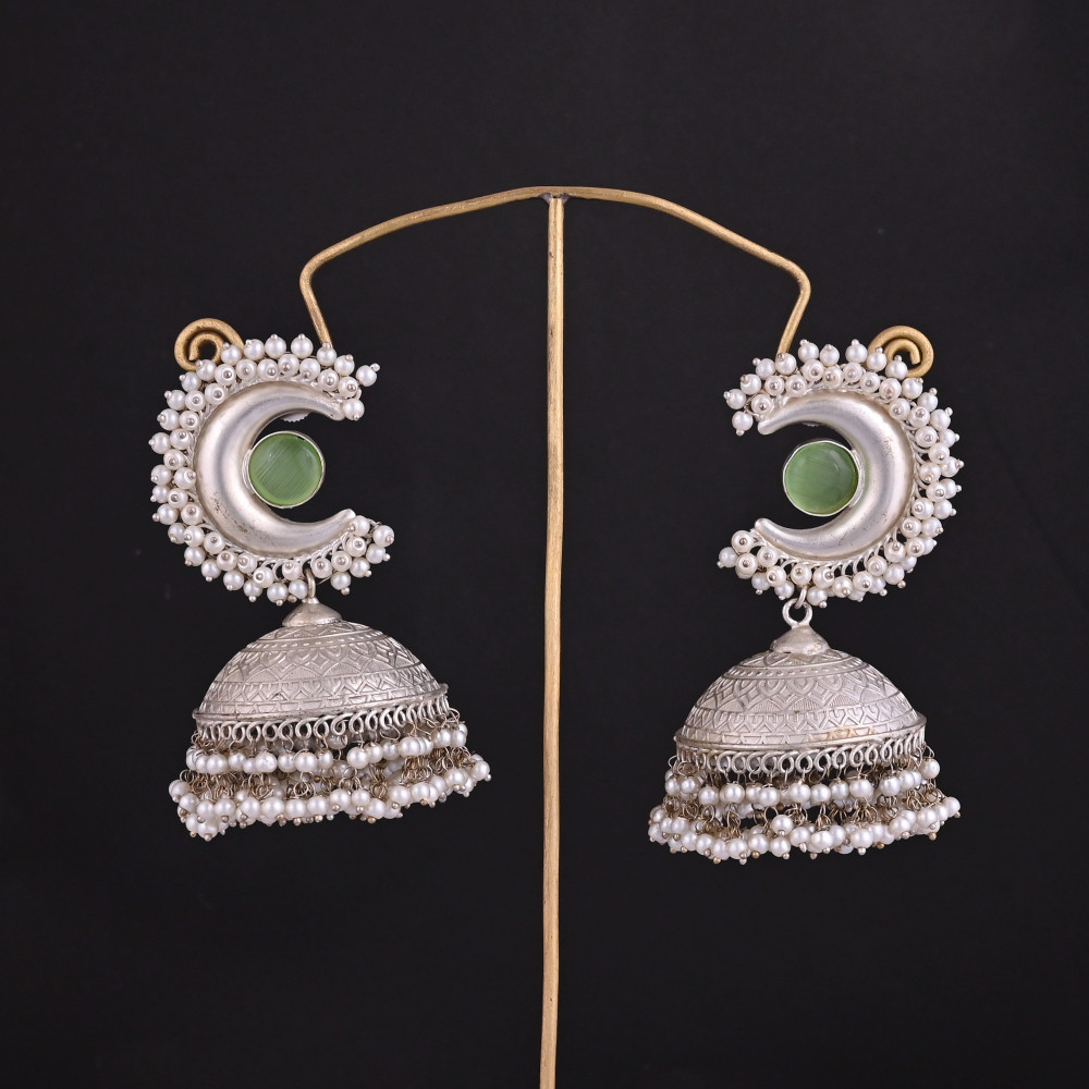 Image of Green Cat's Eye, Pearl Jhumka Ethnic Earrings | Silver Plated Brass Traditional Indian Jewelry