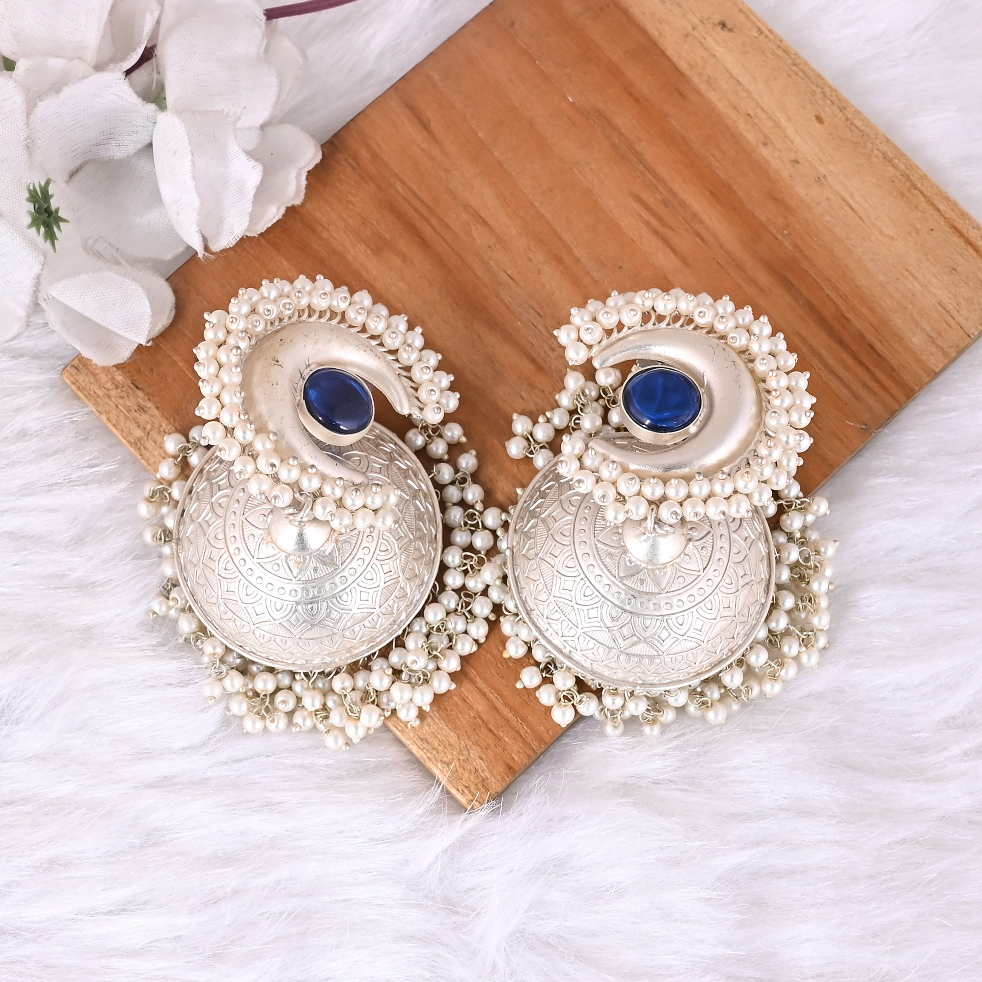 Blue Hydro Pearl Jhumka Ethnic Earrings  Silver Plated Brass Traditional Indian Jewelry