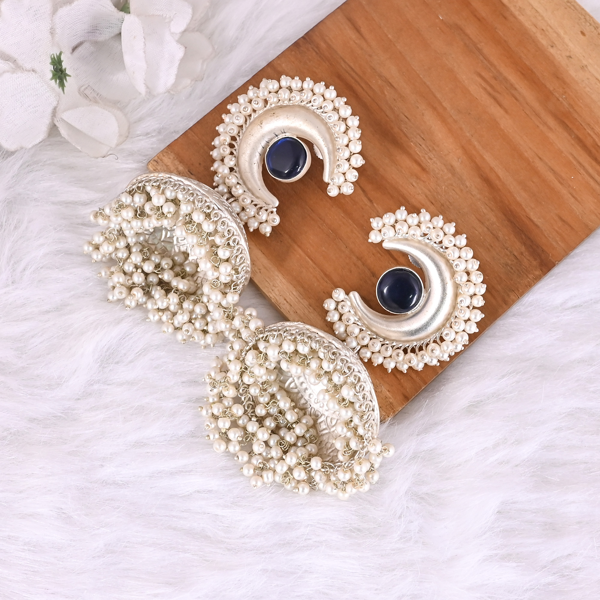 Blue Hydro Pearl Jhumka Ethnic Earrings Silver Plated Brass Traditional Indian Jewelry