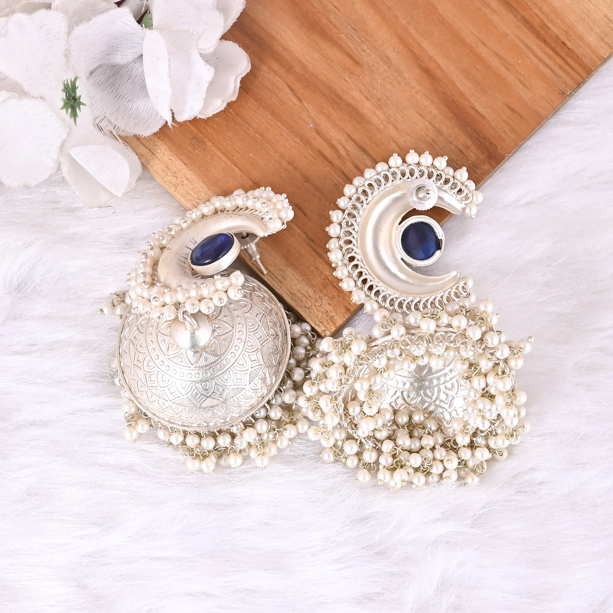 Blue Hydro Pearl Jhumka Ethnic Earrings  Silver Plated Brass Traditional Indian Jewelry