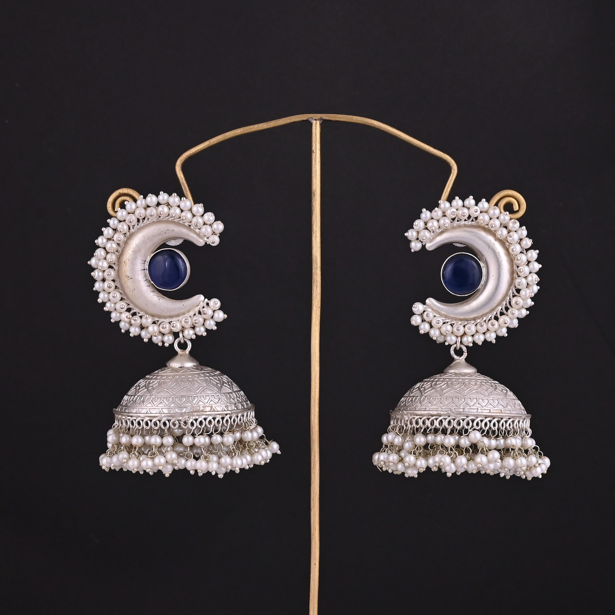 Blue Hydro Pearl Jhumka Ethnic Earrings Silver Plated Brass Traditional Indian Jewelry