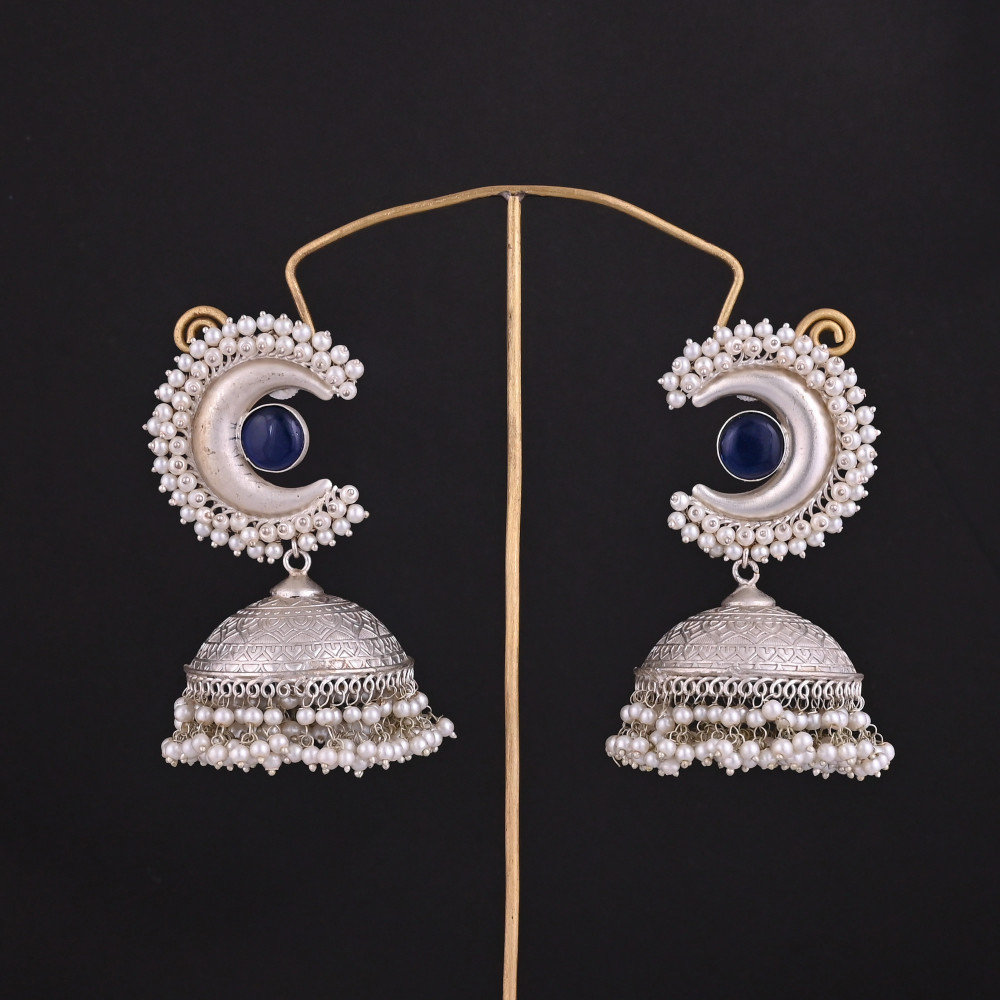 Image of Blue Hydro, Pearl Jhumka Ethnic Earrings | Silver Plated Brass Traditional Indian Jewelry