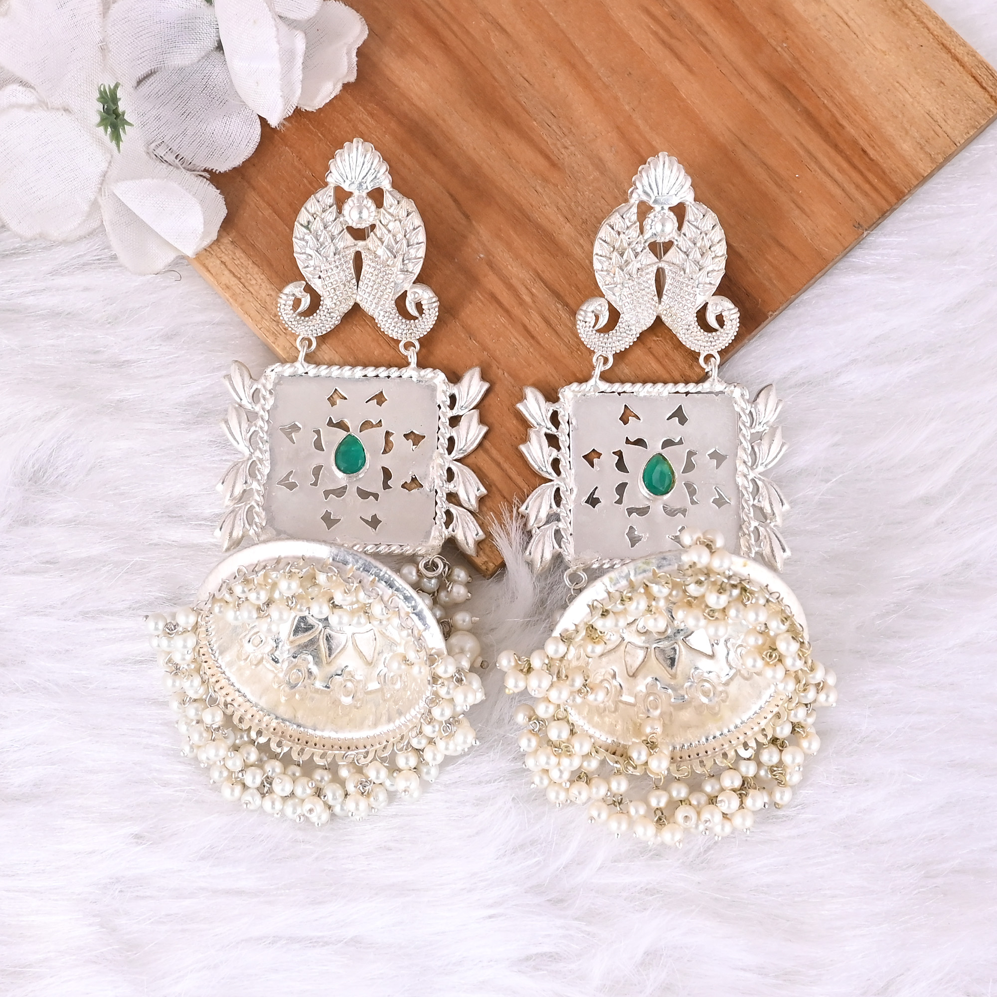 Green Hydro Pearl Jhumka Ethnic Earrings  Silver Plated Brass Traditional Indian Jewelry