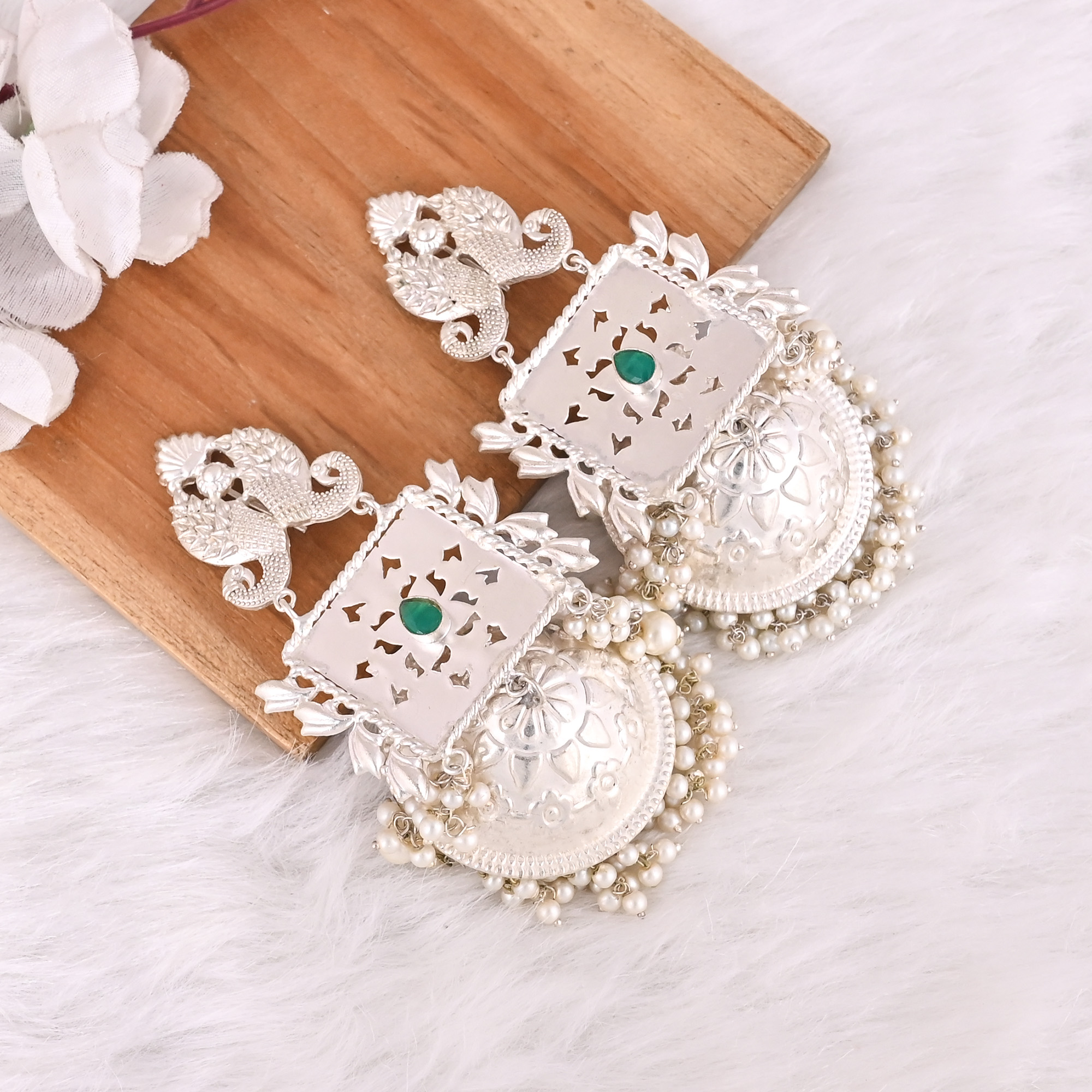 Green Hydro Pearl Jhumka Ethnic Earrings Silver Plated Brass Traditional Indian Jewelry