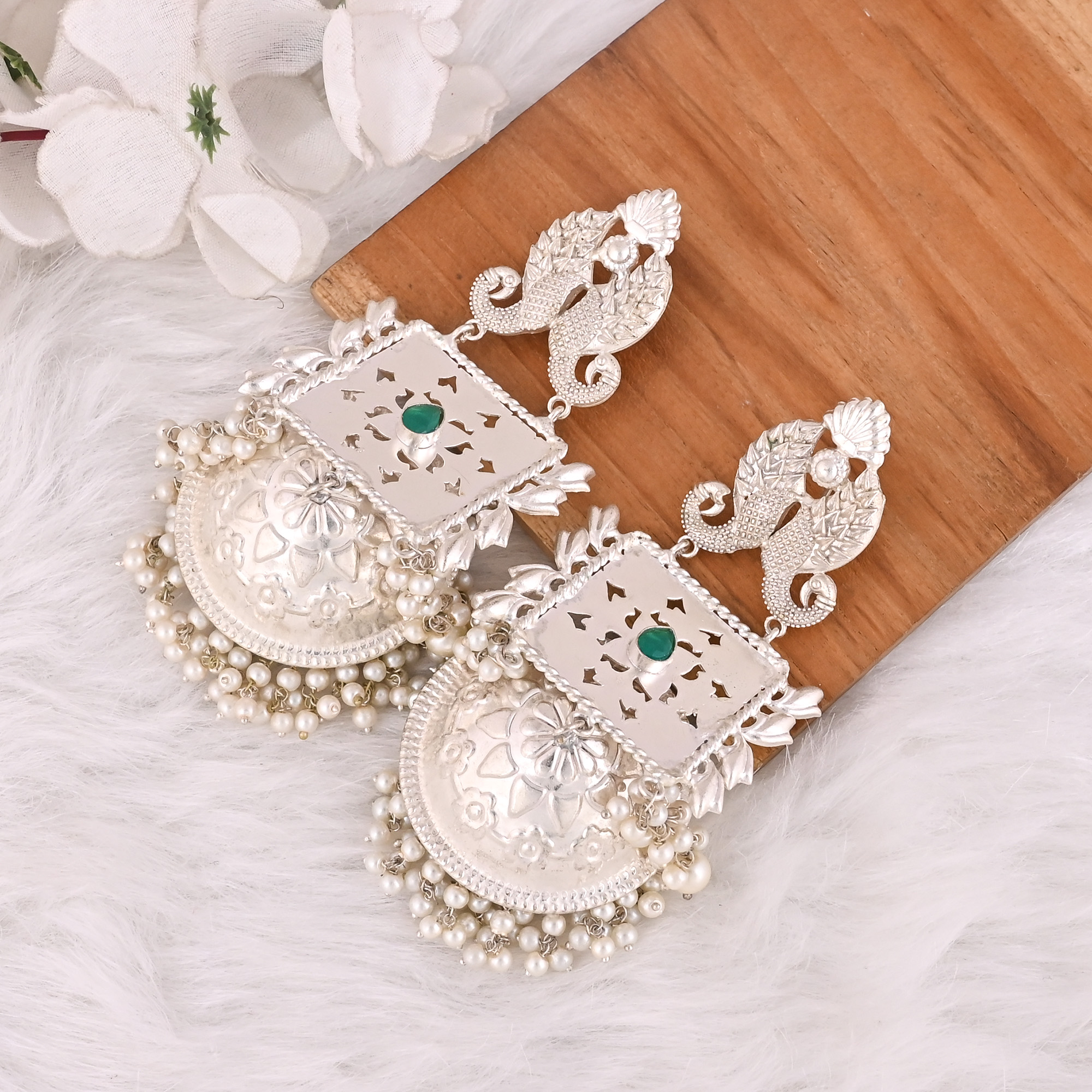 Green Hydro Pearl Jhumka Ethnic Earrings  Silver Plated Brass Traditional Indian Jewelry
