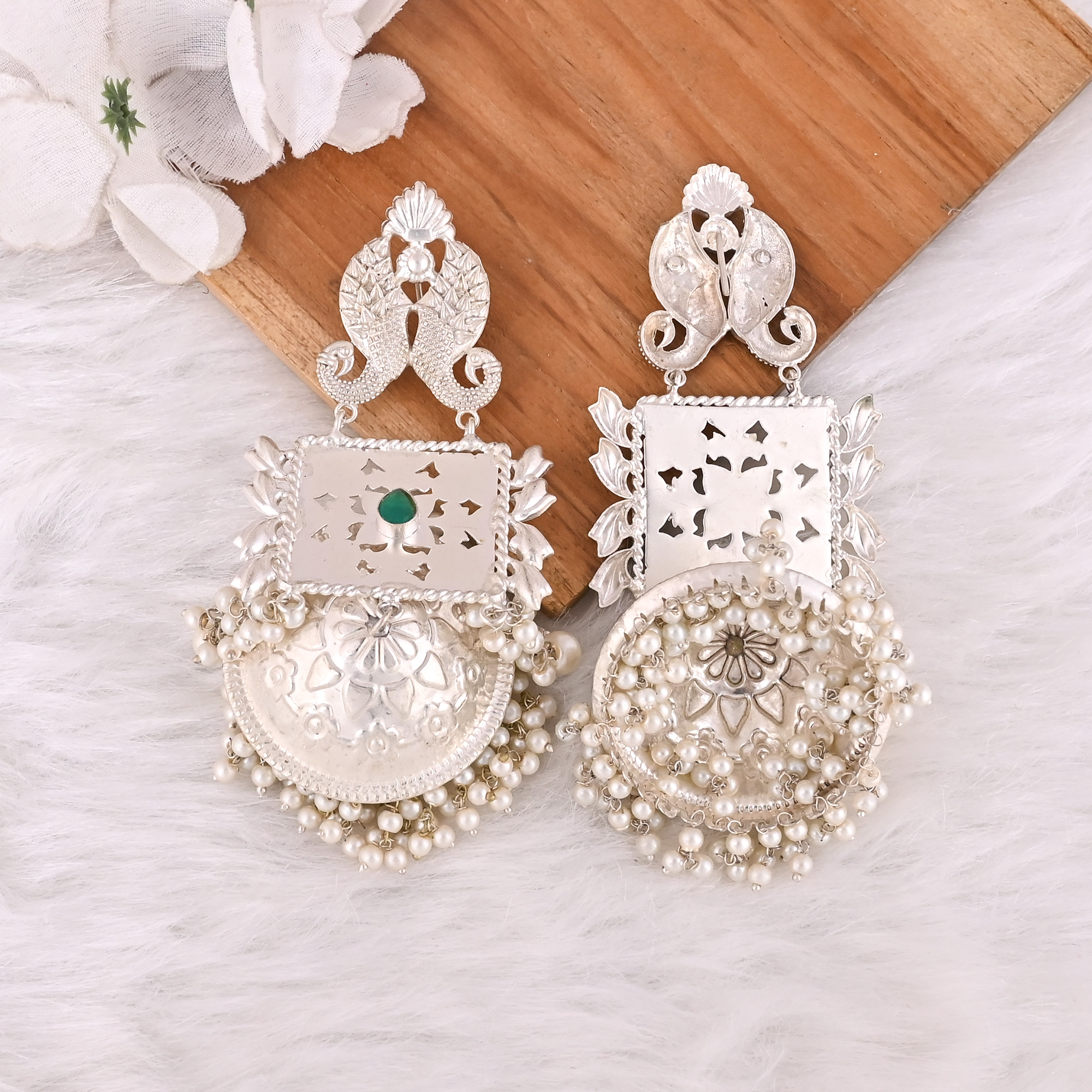 Green Hydro Pearl Jhumka Ethnic Earrings  Silver Plated Brass Traditional Indian Jewelry