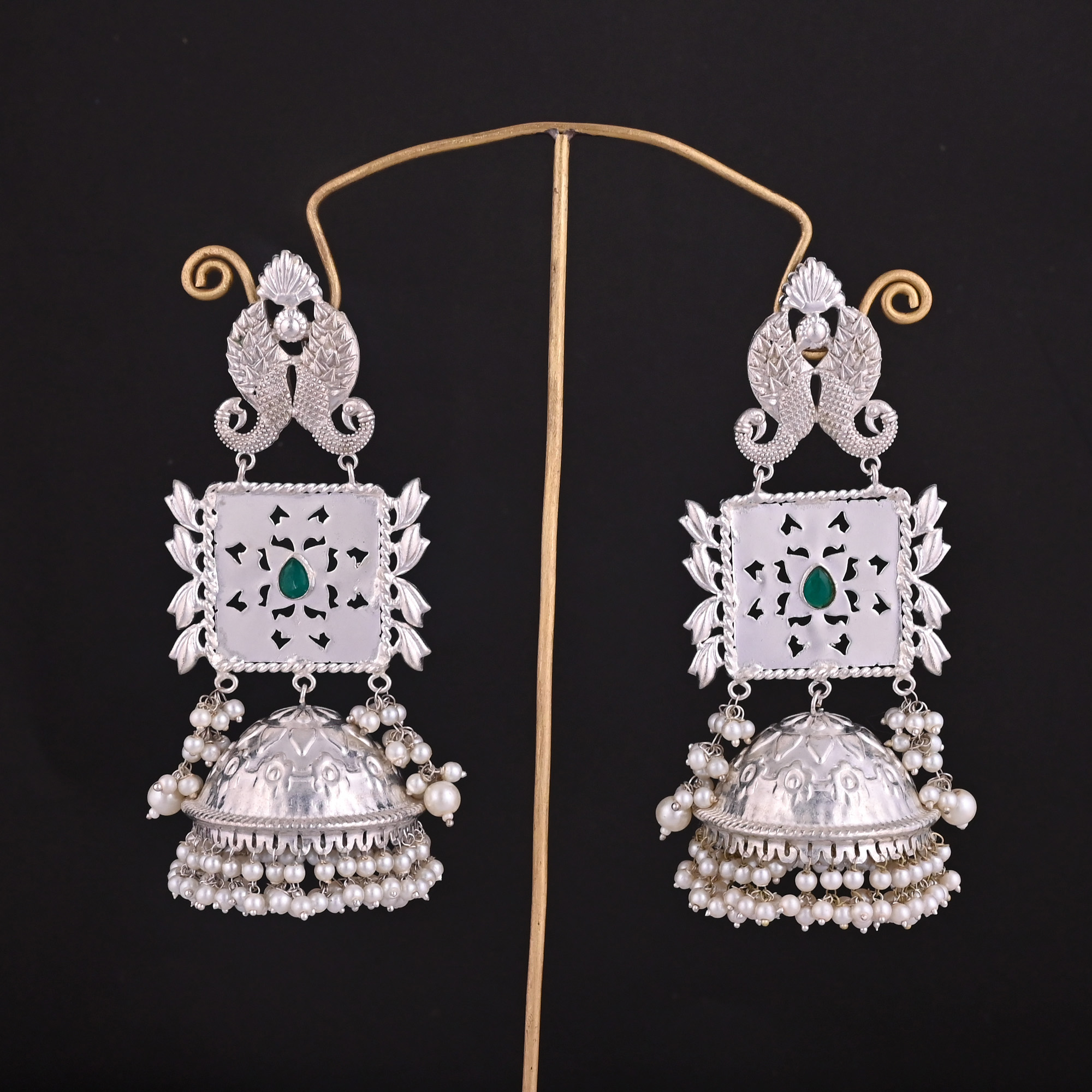 Green Hydro Pearl Jhumka Ethnic Earrings Silver Plated Brass Traditional Indian Jewelry