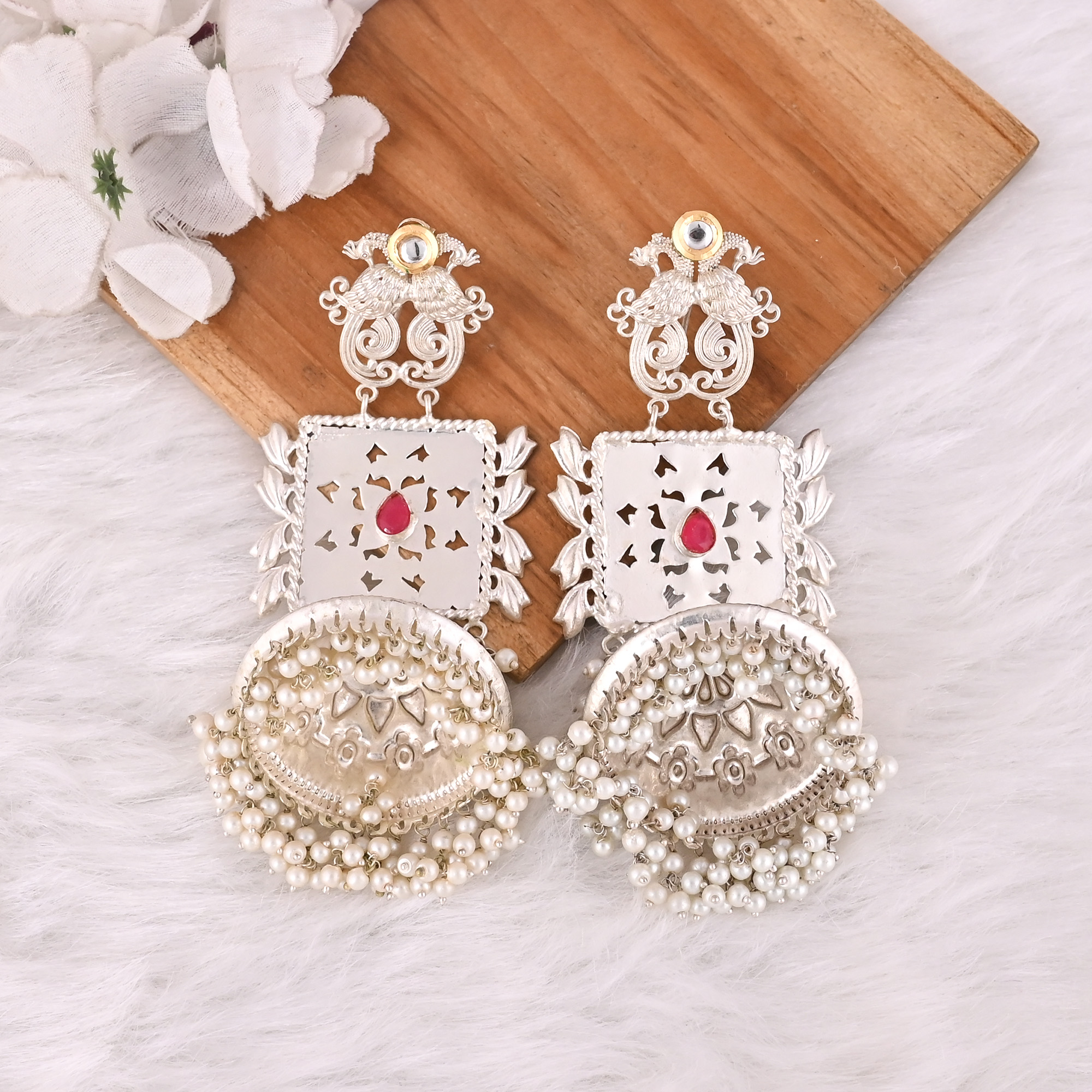 Pink Hydro Kundan Pearl Jhumka Ethnic Earrings Silver Plated Brass Traditional Indian Jewelry