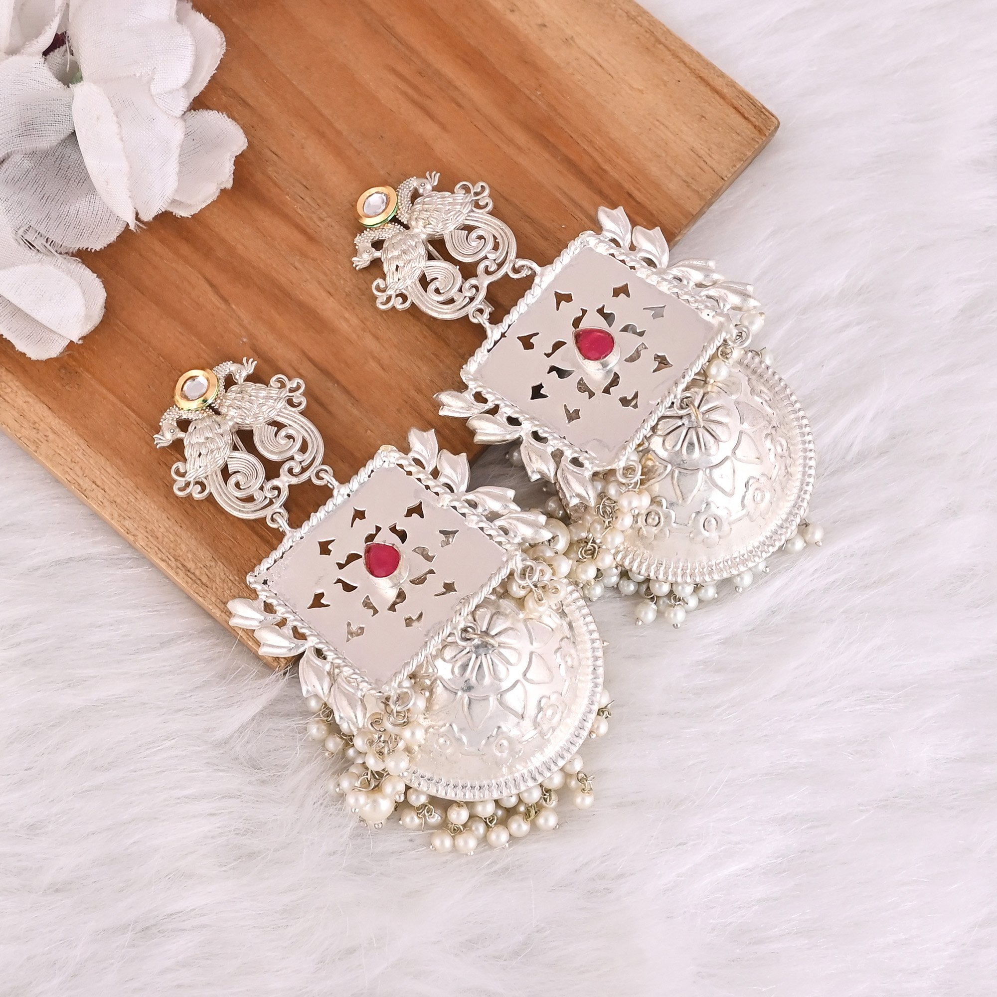 Pink Hydro Kundan Pearl Jhumka Ethnic Earrings Silver Plated Brass Traditional Indian Jewelry