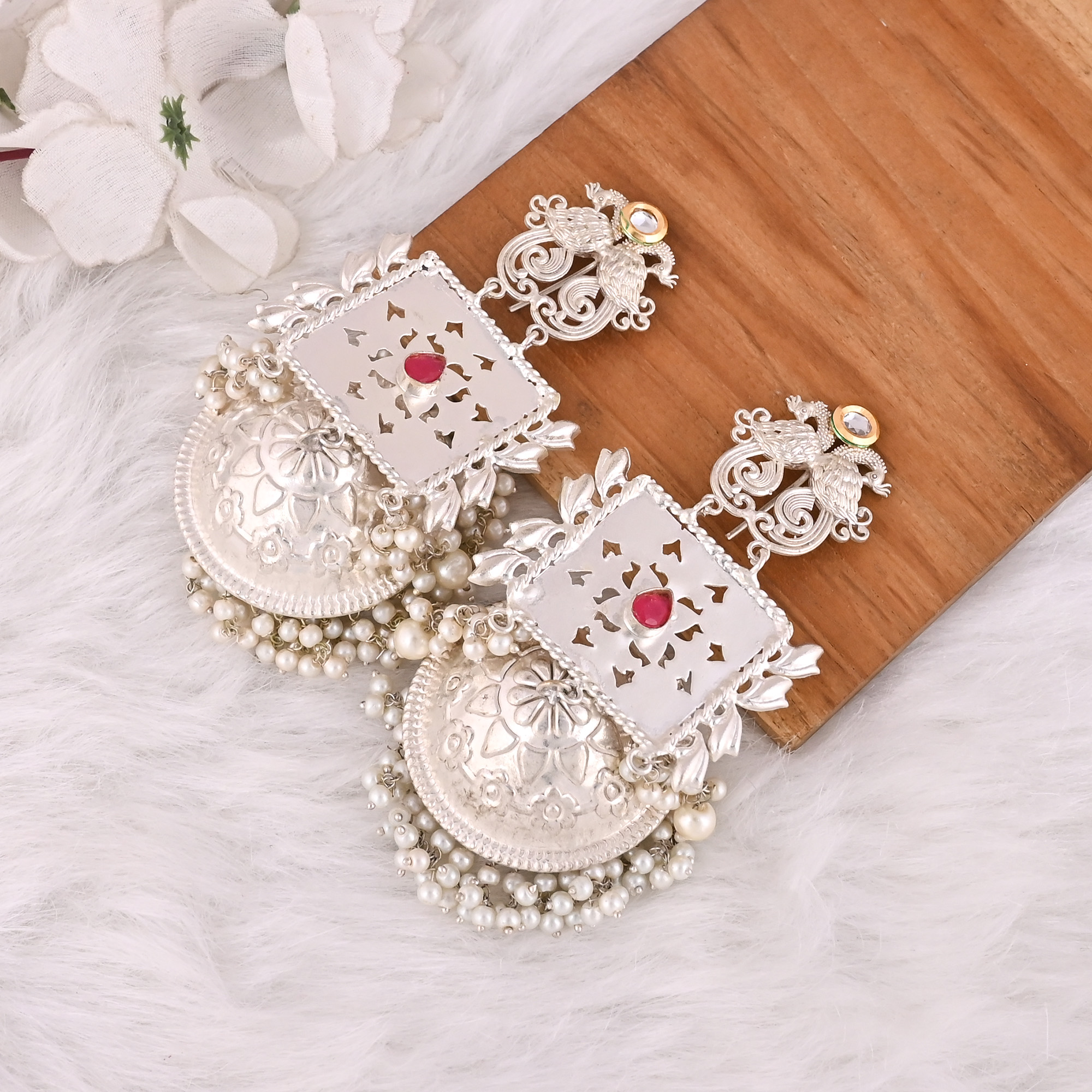Pink Hydro Kundan Pearl Jhumka Ethnic Earrings  Silver Plated Brass Traditional Indian Jewelry
