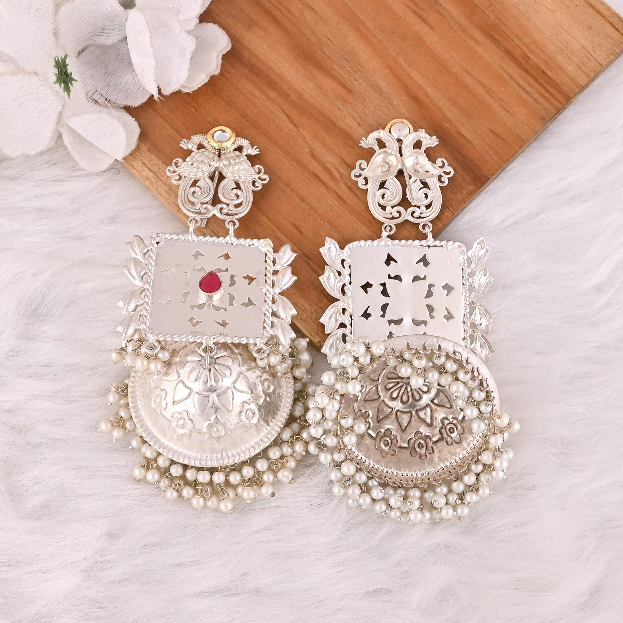 Pink Hydro Kundan Pearl Jhumka Ethnic Earrings Silver Plated Brass Traditional Indian Jewelry
