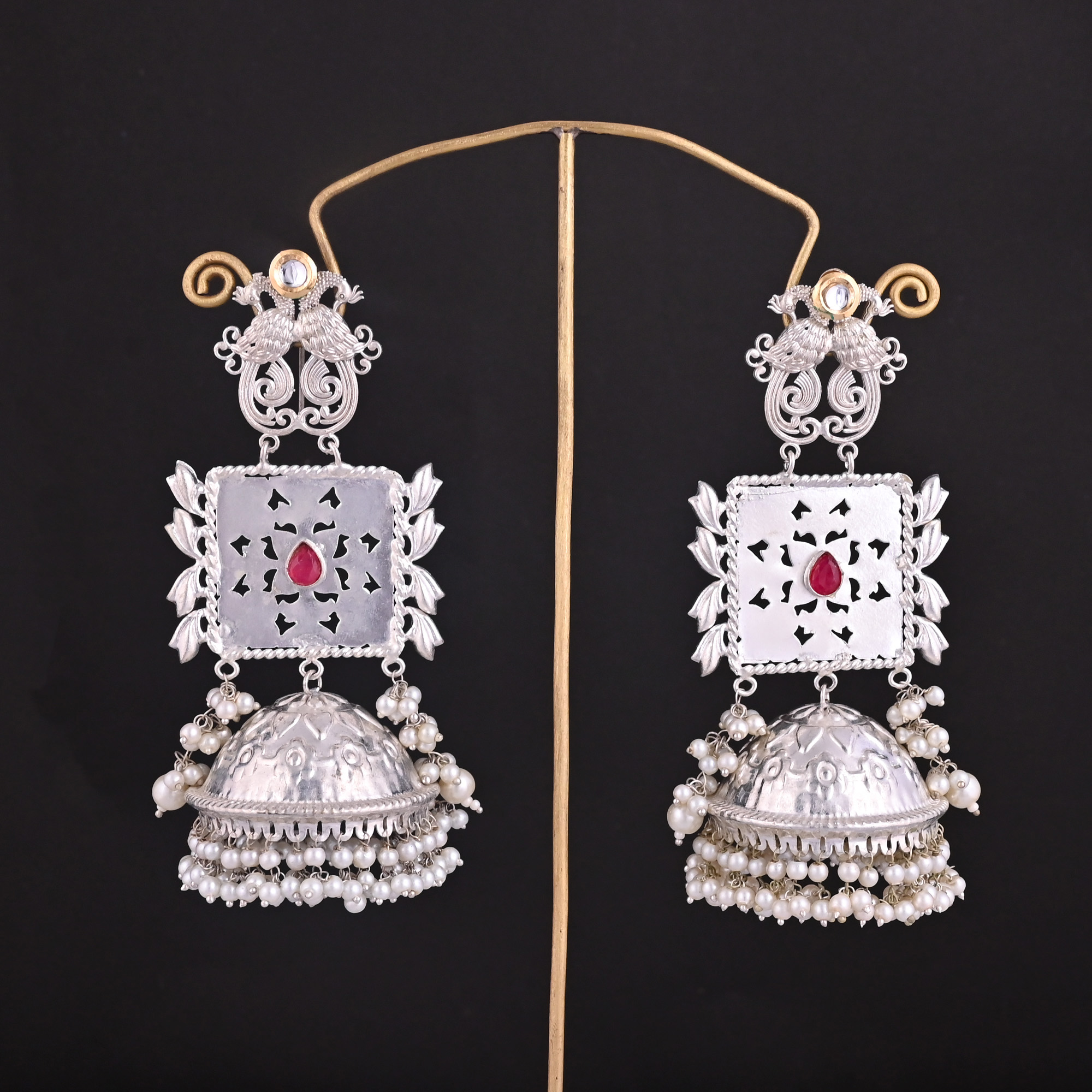 Pink Hydro Kundan Pearl Jhumka Ethnic Earrings  Silver Plated Brass Traditional Indian Jewelry