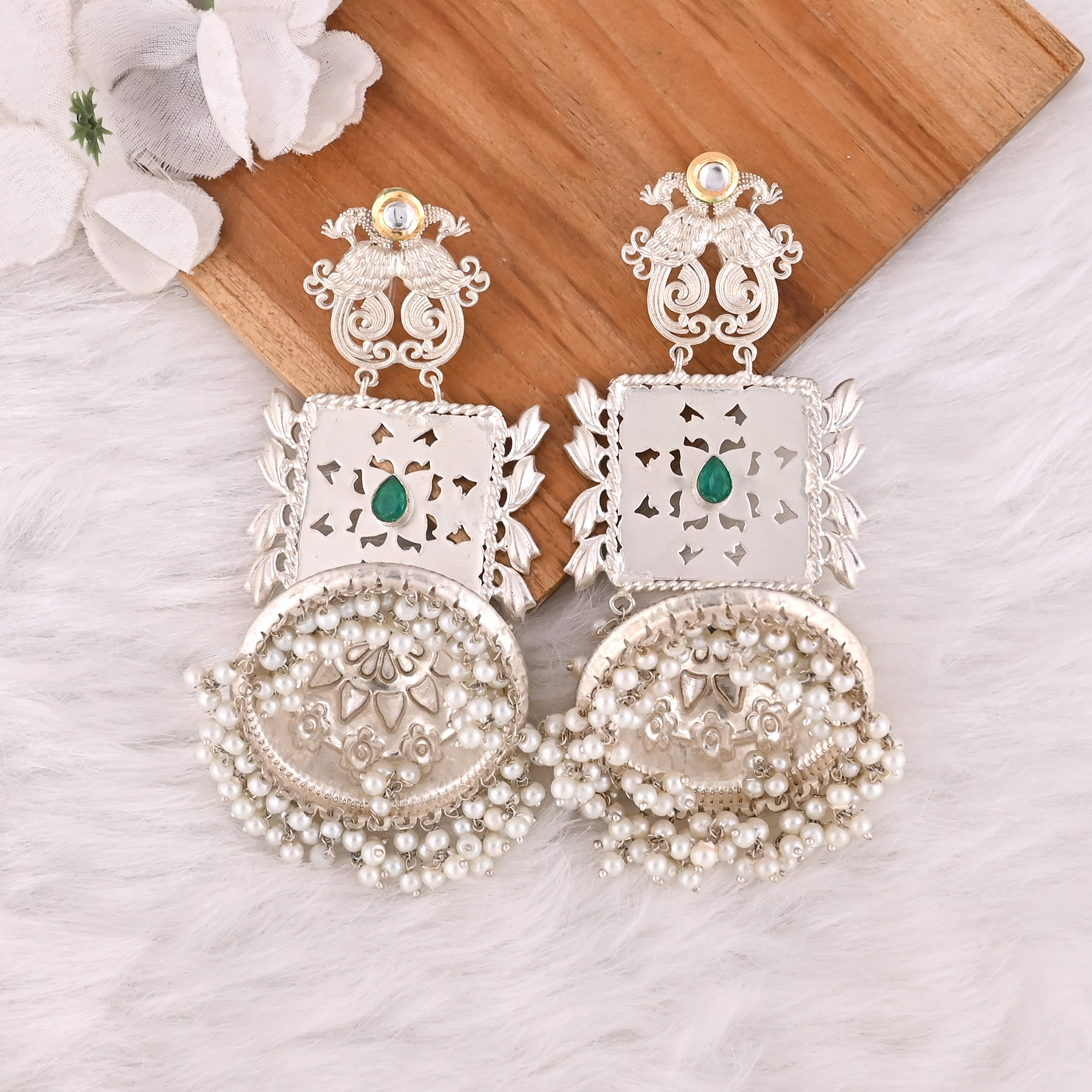 Green Hydro Pearl Kundan Stone Jhumka Ethnic Earrings Silver Plated Brass Traditional Indian Jewelry