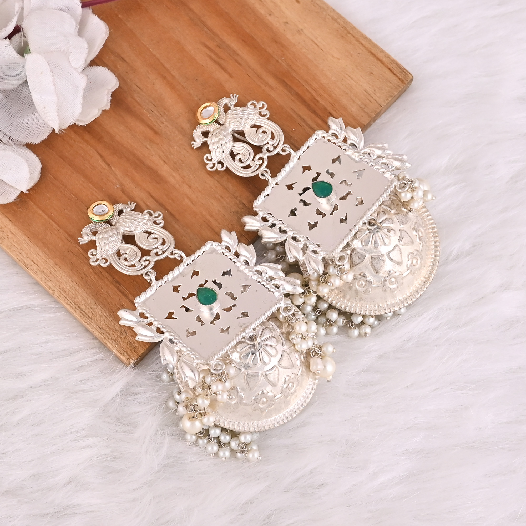 Green Hydro Pearl Kundan Stone  Jhumka Ethnic Earrings  Silver Plated Brass Traditional Indian Jewelry