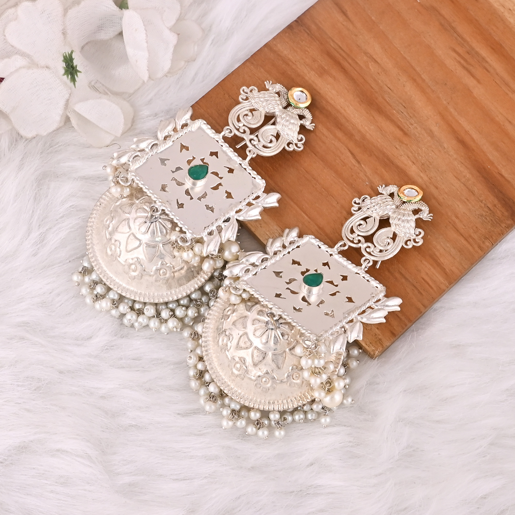 Green Hydro Pearl Kundan Stone Jhumka Ethnic Earrings Silver Plated Brass Traditional Indian Jewelry