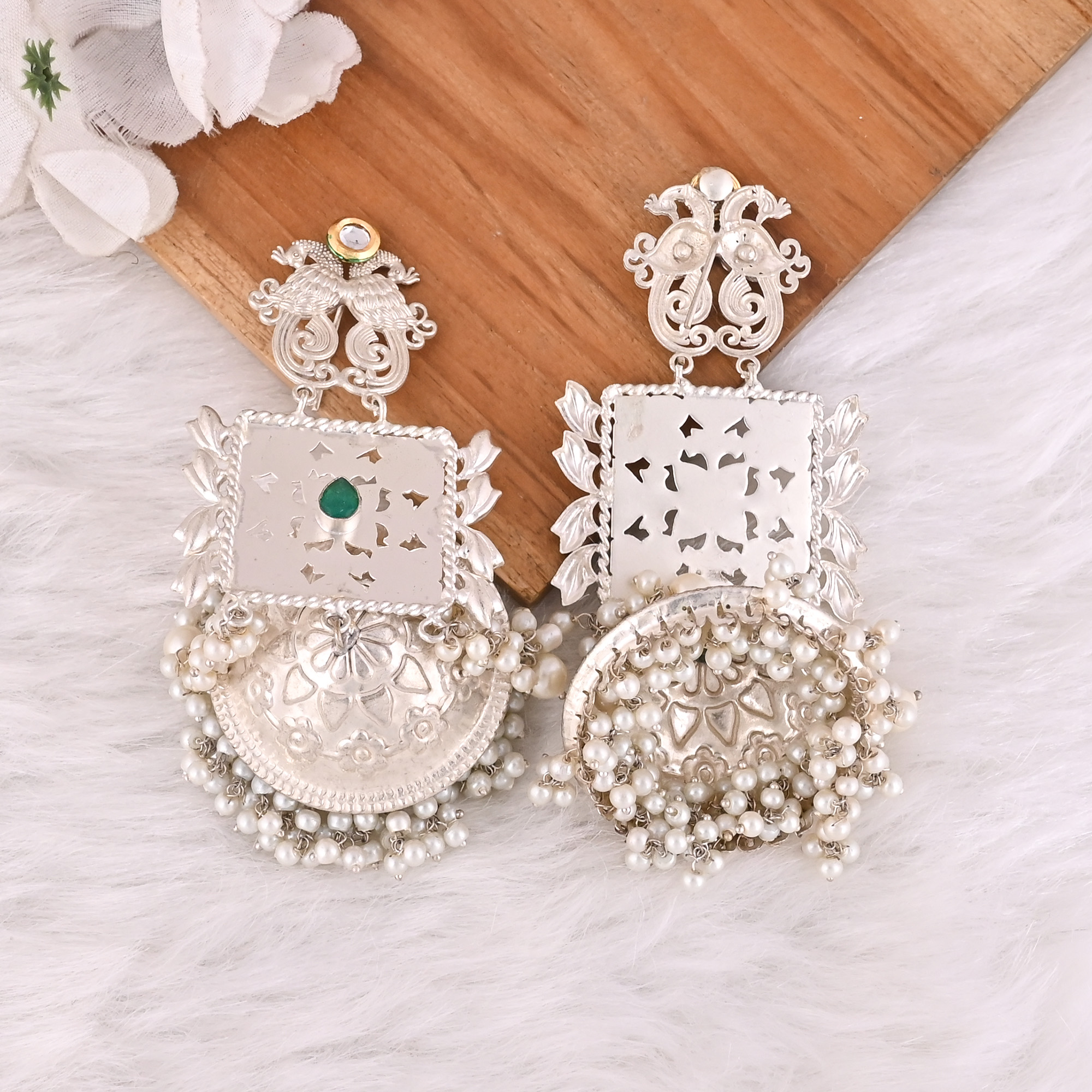 Green Hydro Pearl Kundan Stone  Jhumka Ethnic Earrings  Silver Plated Brass Traditional Indian Jewelry