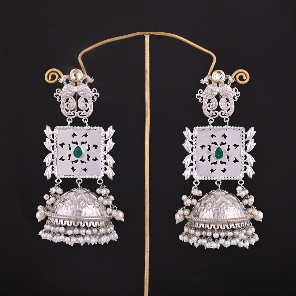 Image of Green Hydro, Pearl, Kundan Stone  Jhumka Ethnic Earrings | Silver Plated Brass Traditional Indian Jewelry