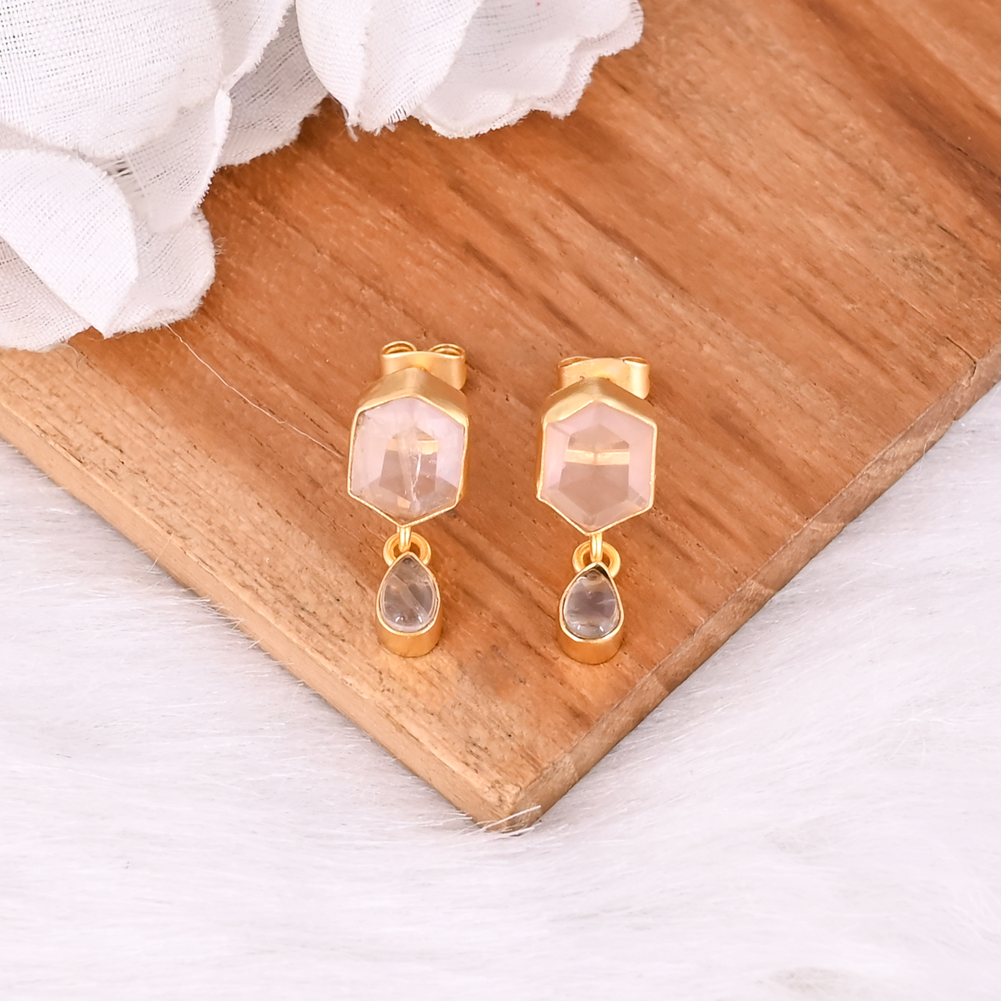 Natural Rose Quartz Hexagon  Pear Shaped Handmade Gemstone Dangle Earrings for Women