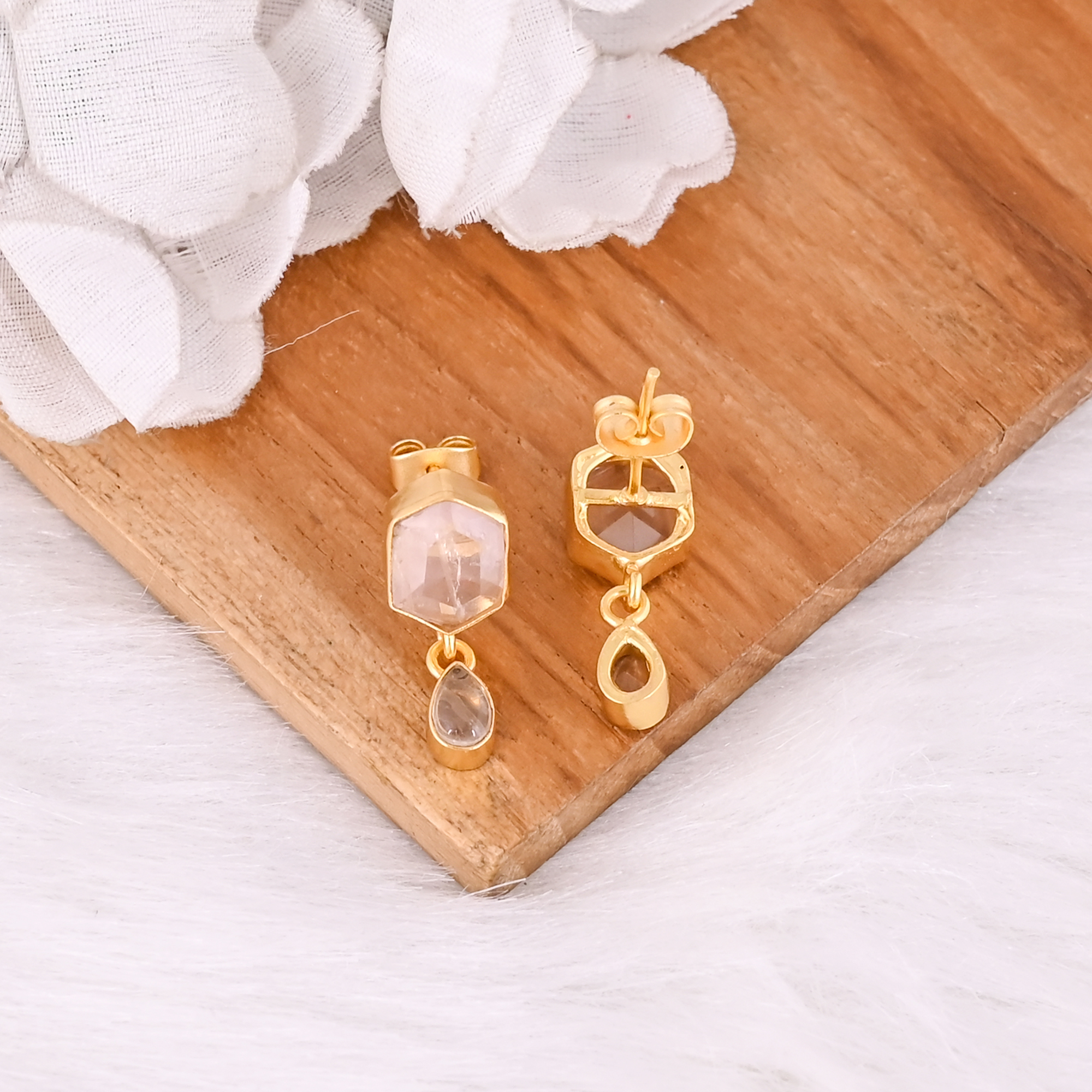 Natural Rose Quartz Hexagon  Pear Shaped Handmade Gemstone Dangle Earrings for Women