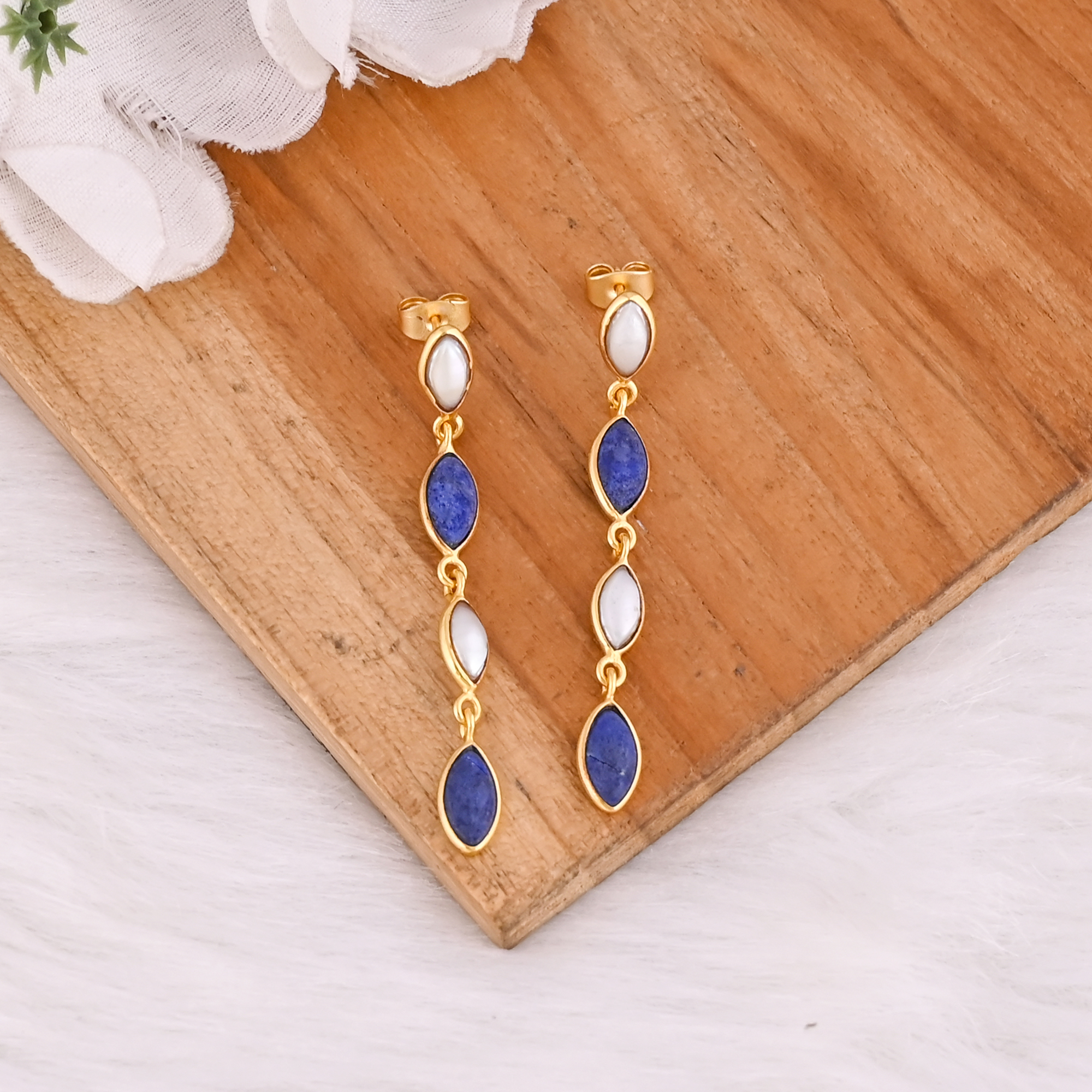 Natural Lapis Lazuli  Mother of Pearl Stud Earrings Handmade Gemstone Jewelry for Women