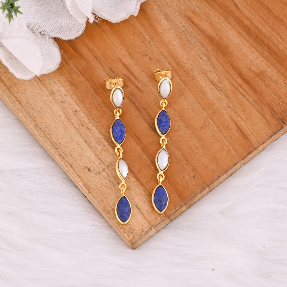 Image of Natural Lapis Lazuli &amp; Mother of Pearl Stud Earrings Handmade Gemstone Jewelry for Women