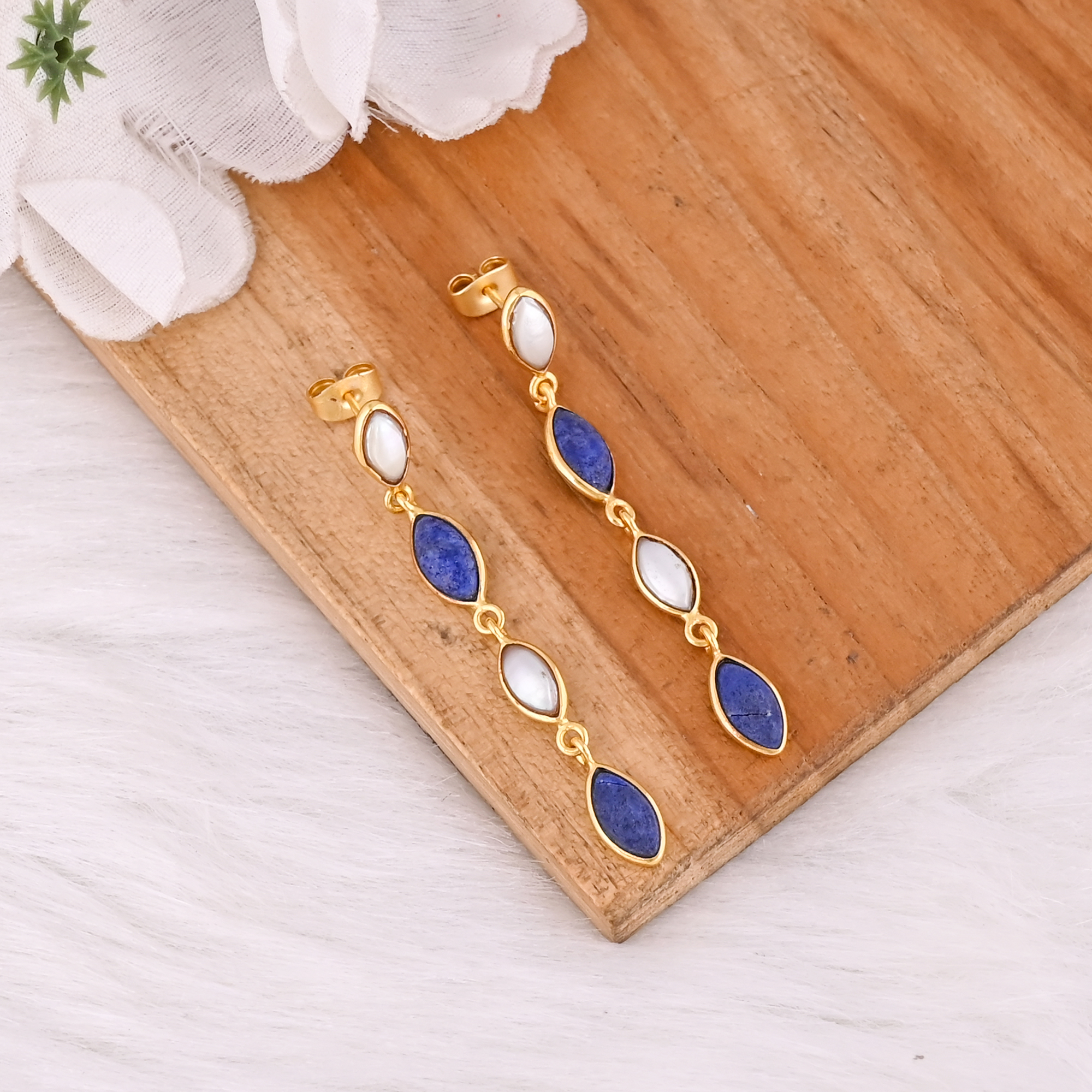 Natural Lapis Lazuli  Mother of Pearl Stud Earrings Handmade Gemstone Jewelry for Women