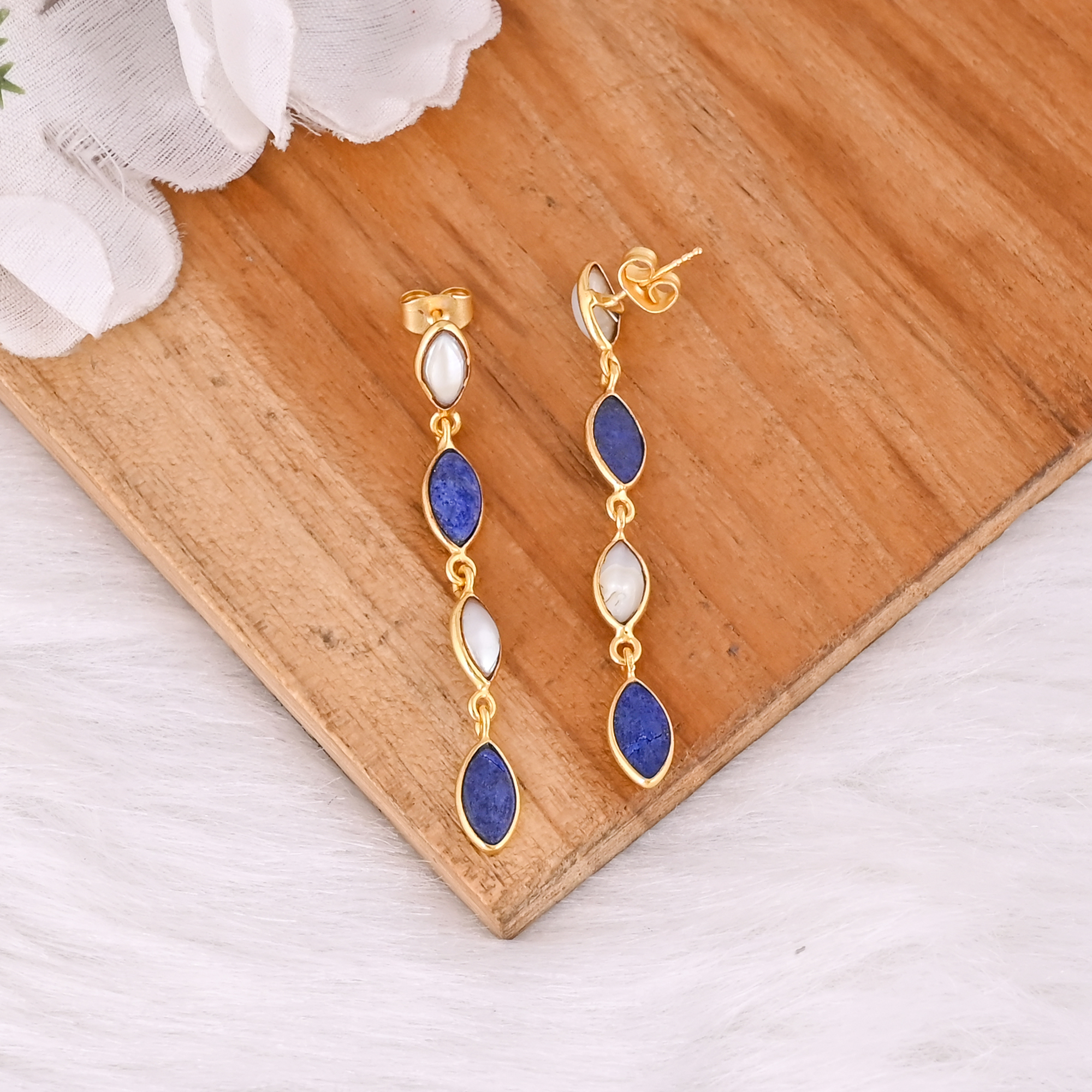 Natural Lapis Lazuli  Mother of Pearl Stud Earrings Handmade Gemstone Jewelry for Women