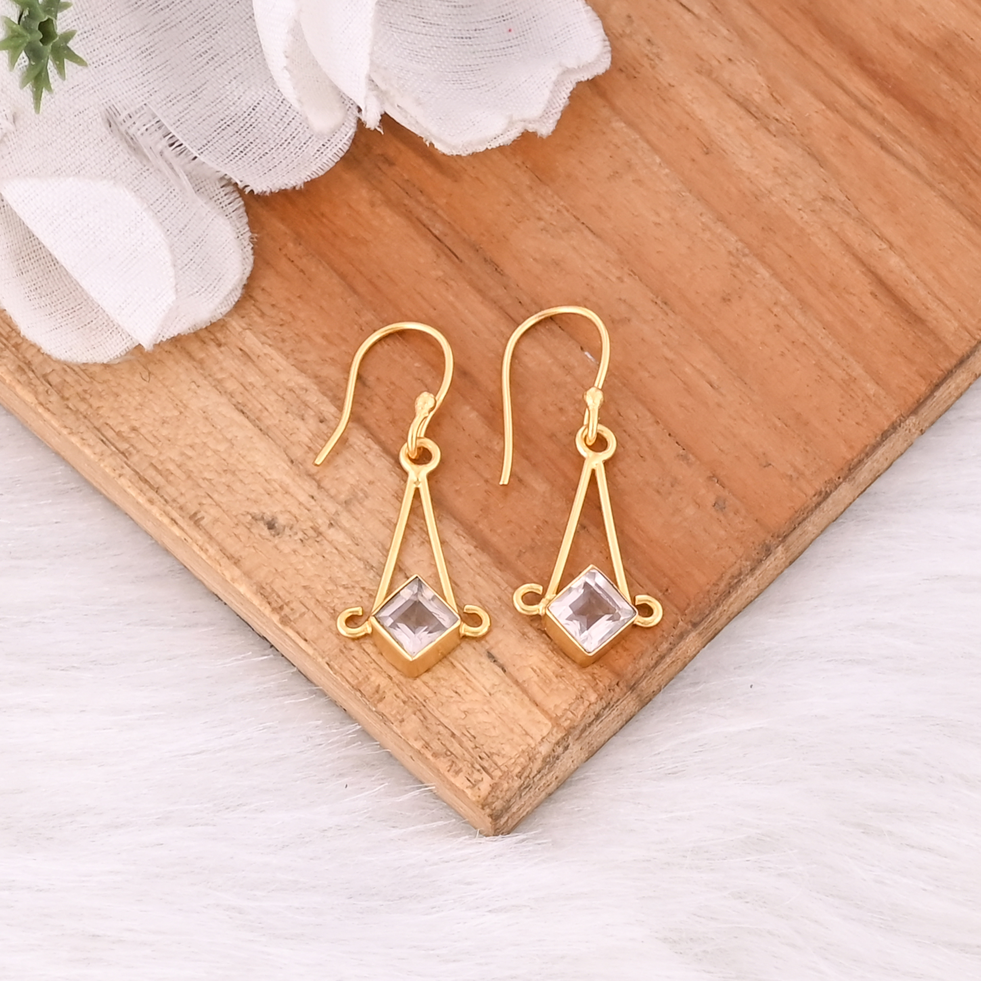 Natural Handmade Rose Quartz Hook Earrings For Women