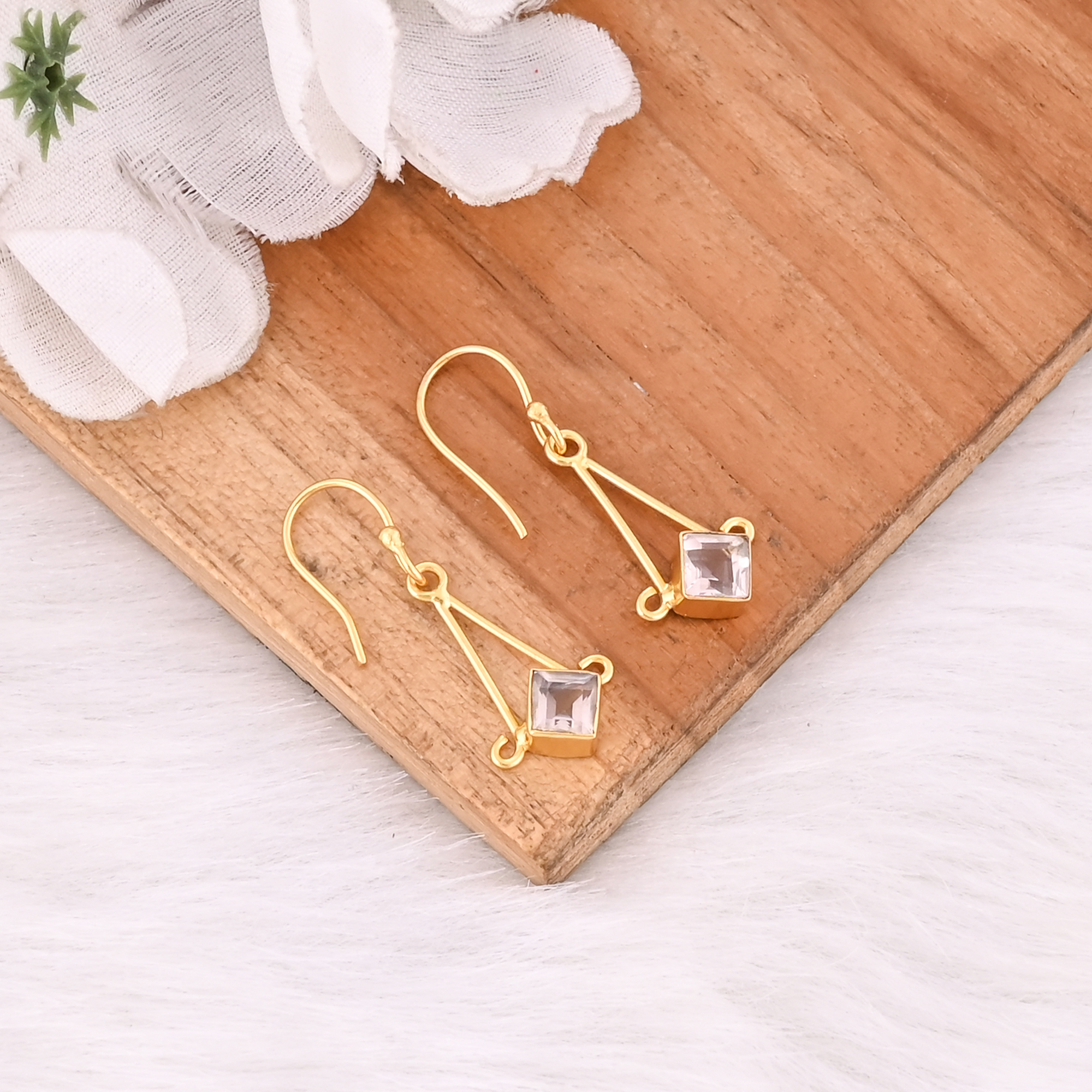Natural Handmade Rose Quartz Hook Earrings For Women