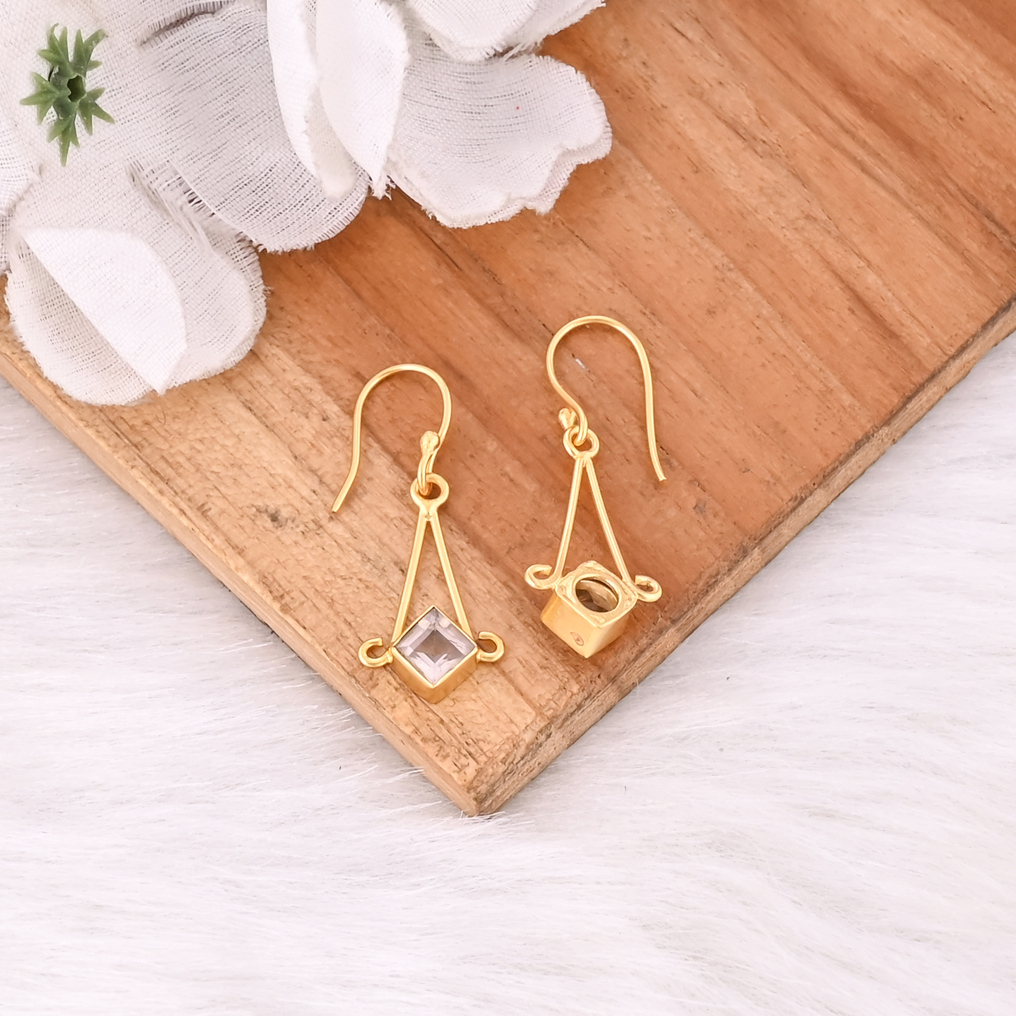 Natural Handmade Rose Quartz Hook Earrings For Women